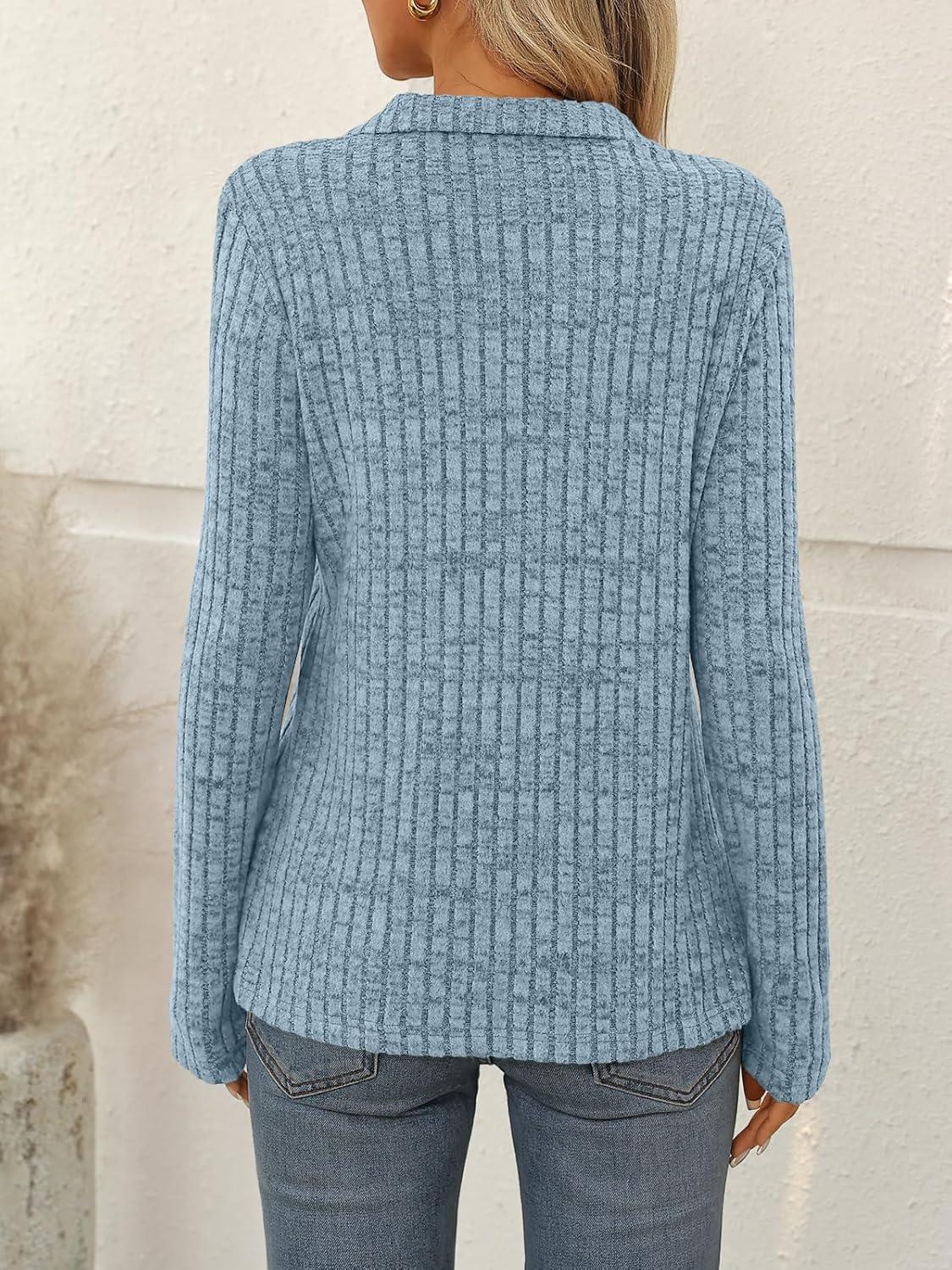 imageAUTOMET Womens Long Sleeve Tops Casual Collared Polo Shirts V Neck Tunic Sweaters Fall Fashion Dressy Winter Clothes 2025Blue