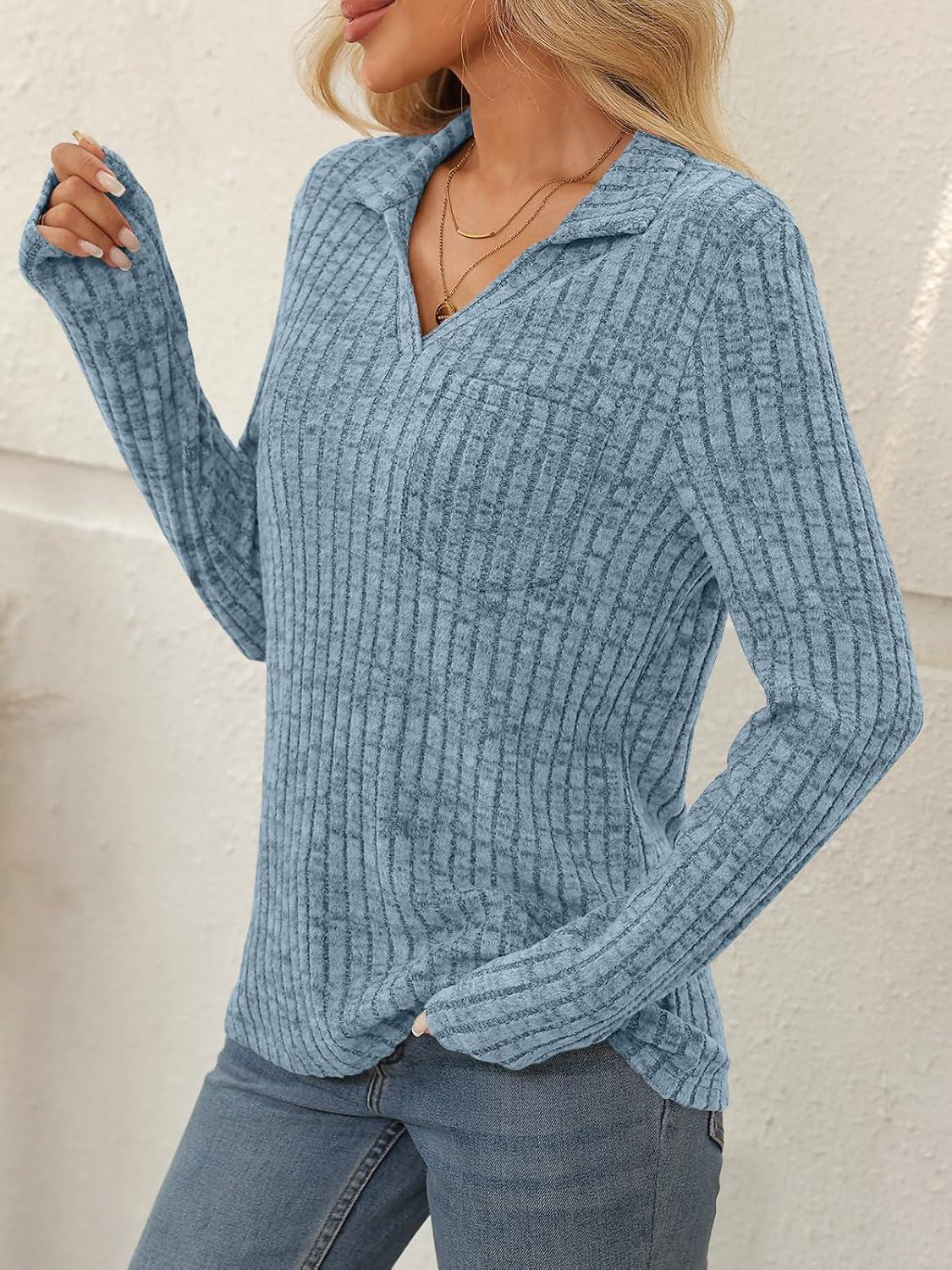 imageAUTOMET Womens Long Sleeve Tops Casual Collared Polo Shirts V Neck Tunic Sweaters Fall Fashion Dressy Winter Clothes 2025Blue