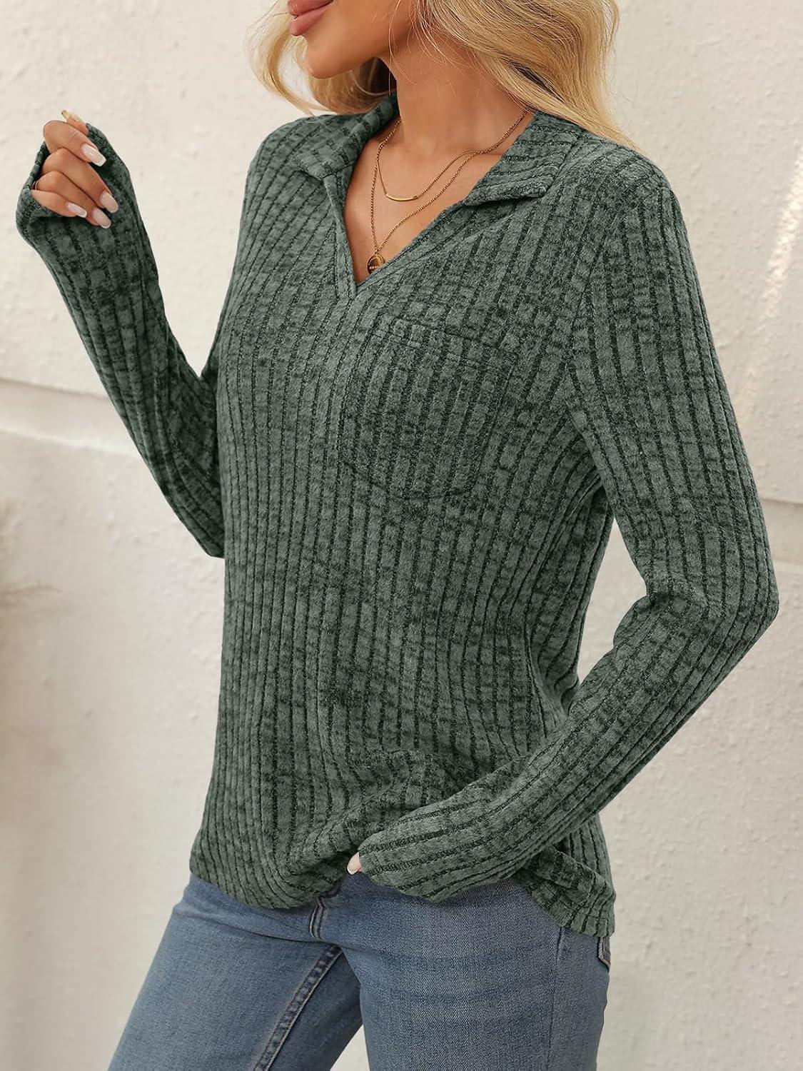 imageAUTOMET Womens Long Sleeve Tops Casual Collared Polo Shirts V Neck Tunic Sweaters Fall Fashion Dressy Winter Clothes 2025Green