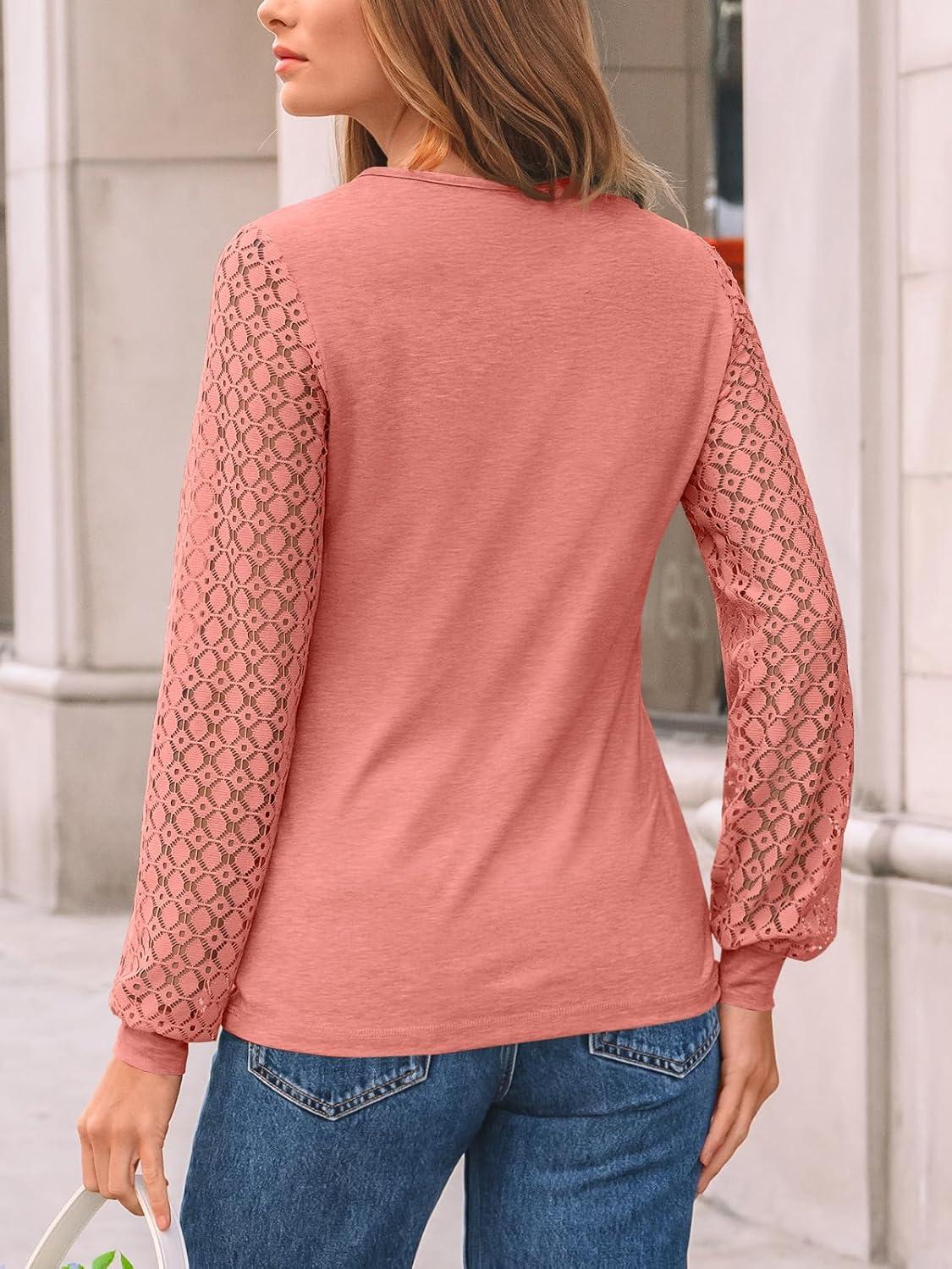 imageAUTOMET Womens Long Sleeve Tops Dressy Casual Shirts 2025 Fall Outfits Lace Business Blouses Cute TShirts Work ClothesCoral