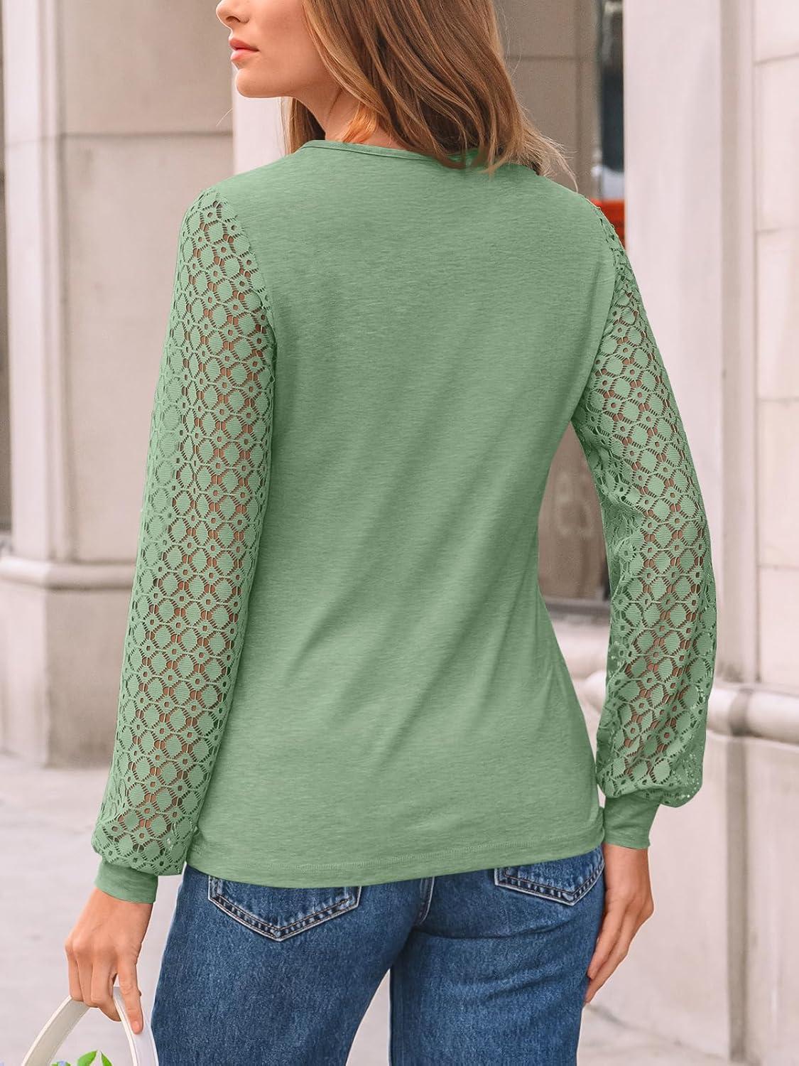 imageAUTOMET Womens Long Sleeve Tops Dressy Casual Shirts 2025 Fall Outfits Lace Business Blouses Cute TShirts Work ClothesLight Green