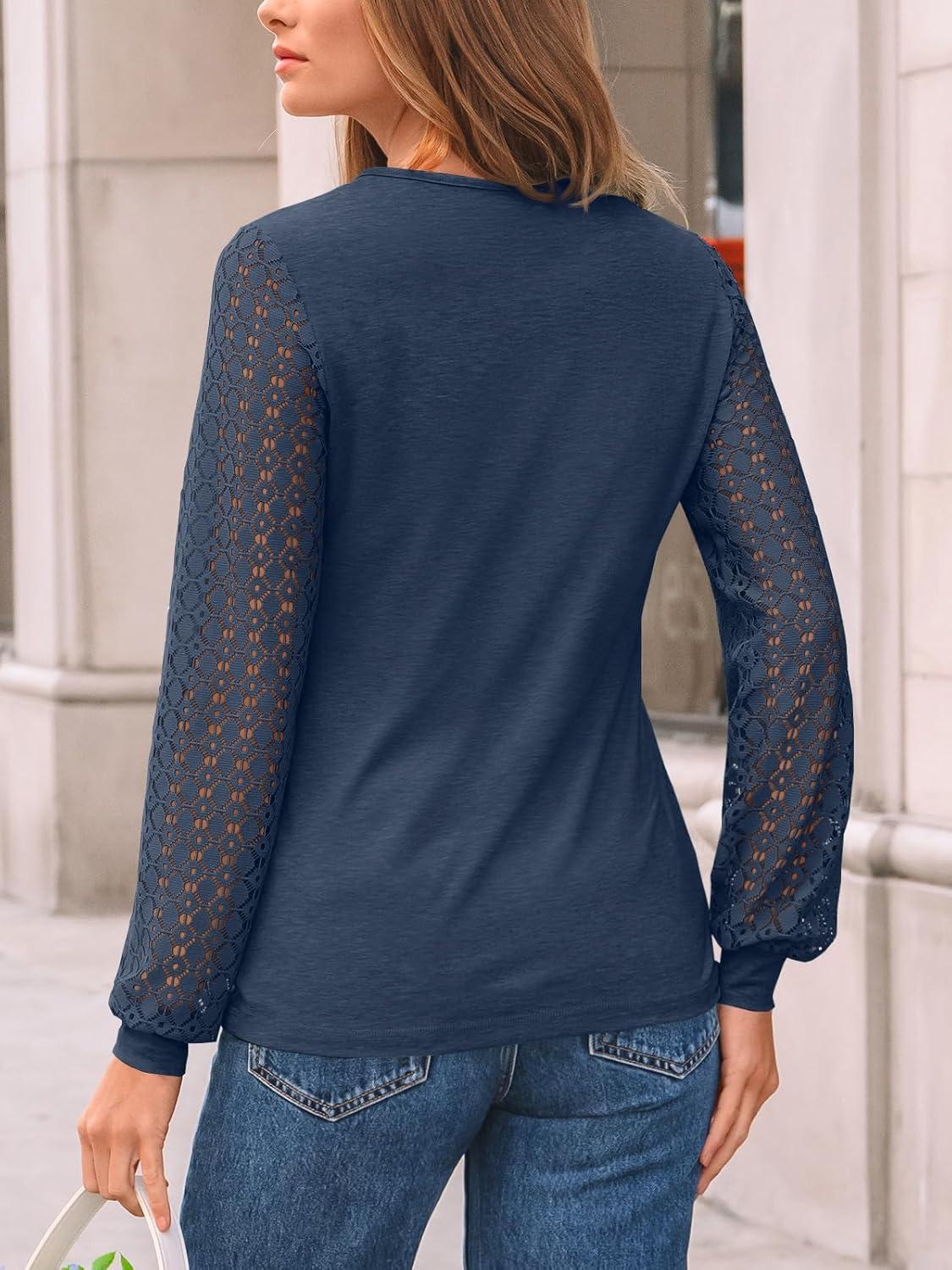 imageAUTOMET Womens Long Sleeve Tops Dressy Casual Shirts 2025 Fall Outfits Lace Business Blouses Cute TShirts Work ClothesNavy