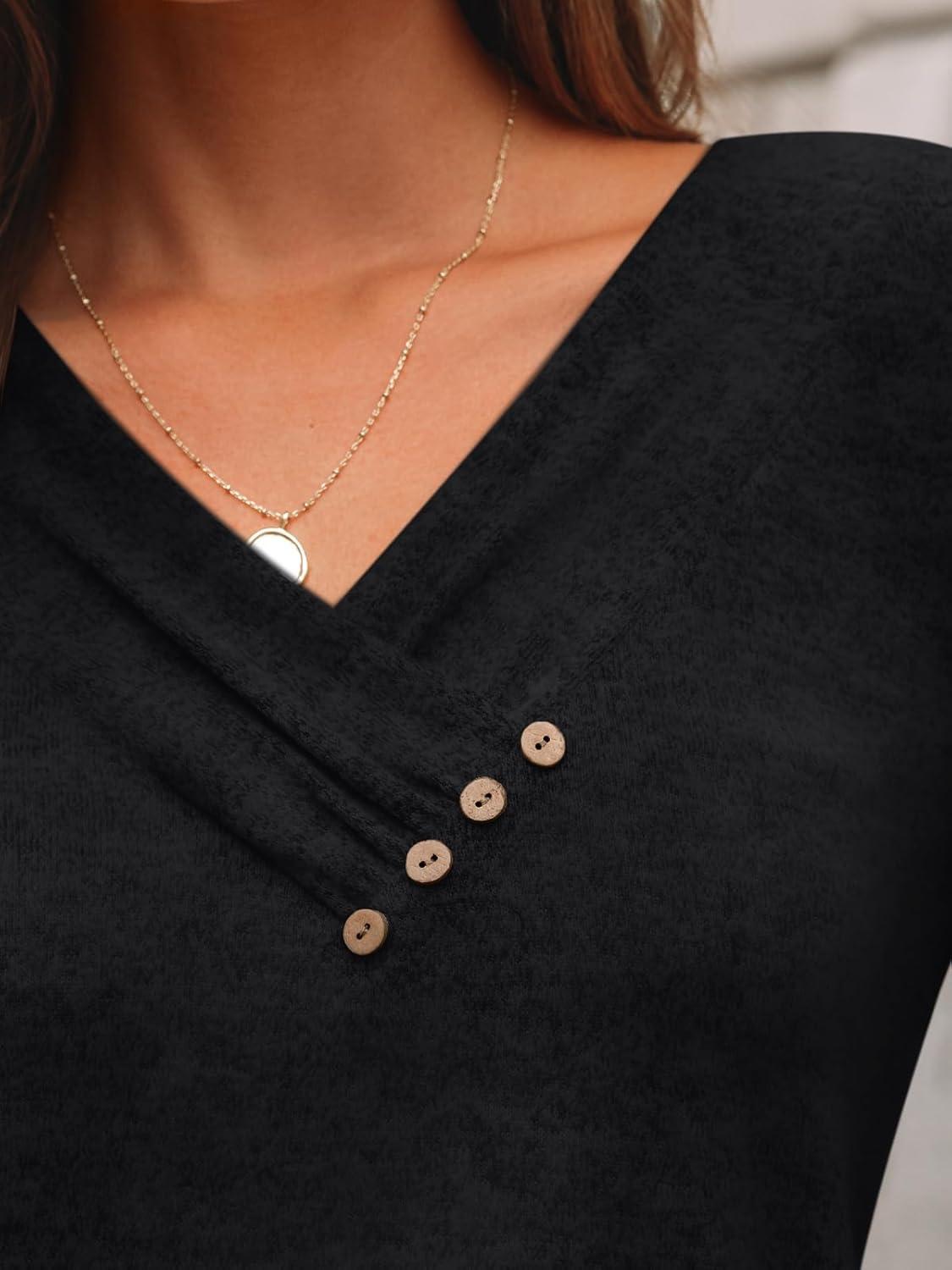 imageAUTOMET Womens Long Sleeve Tunic Top V Neck Button Shirts 2025 Dressy Casual Business BlousesBlack