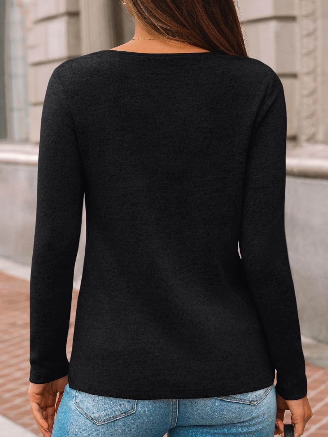 imageAUTOMET Womens Long Sleeve Tunic Top V Neck Button Shirts 2025 Dressy Casual Business BlousesBlack