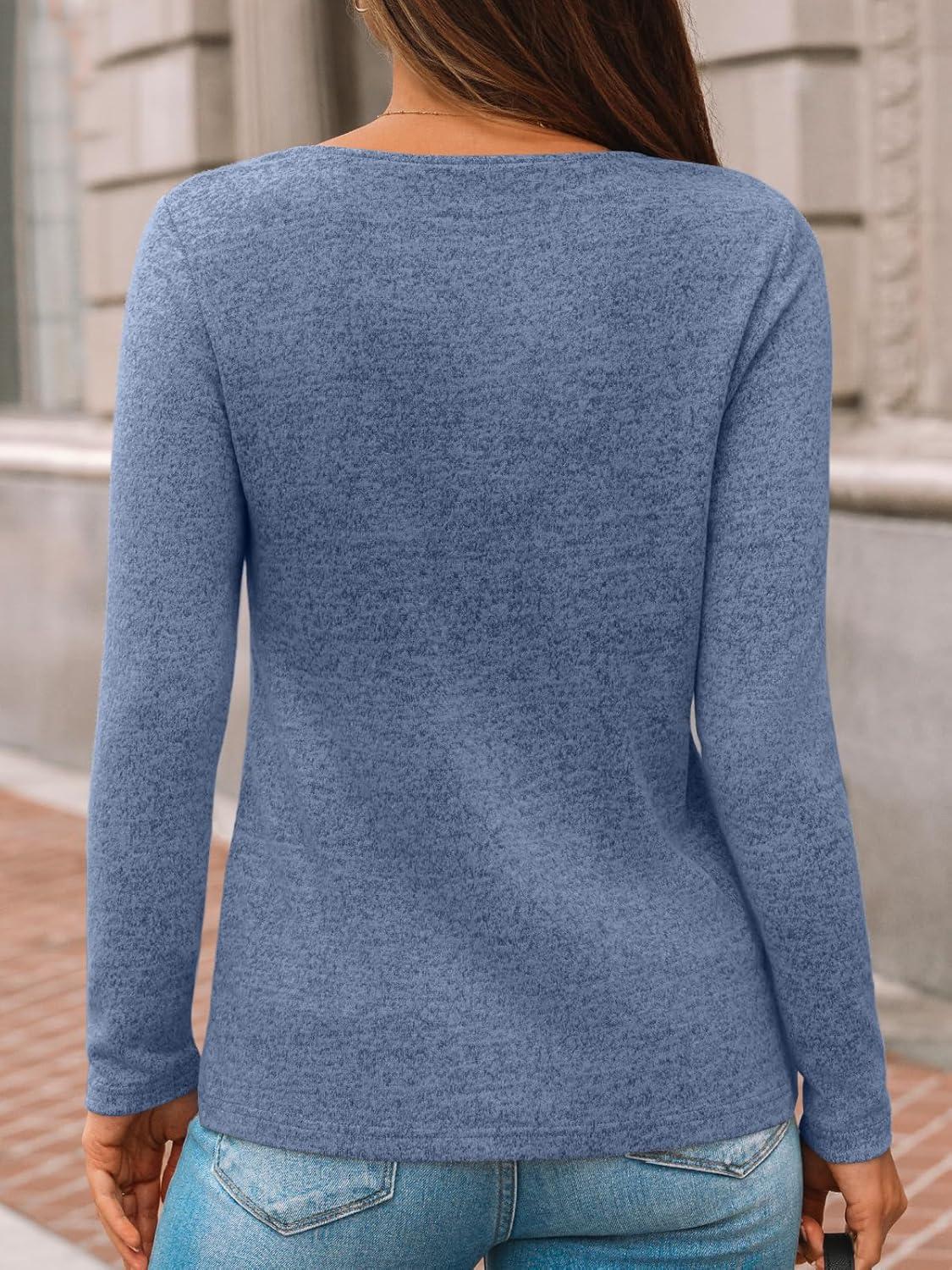 imageAUTOMET Womens Long Sleeve Tunic Top V Neck Button Shirts 2025 Dressy Casual Business BlousesBlue