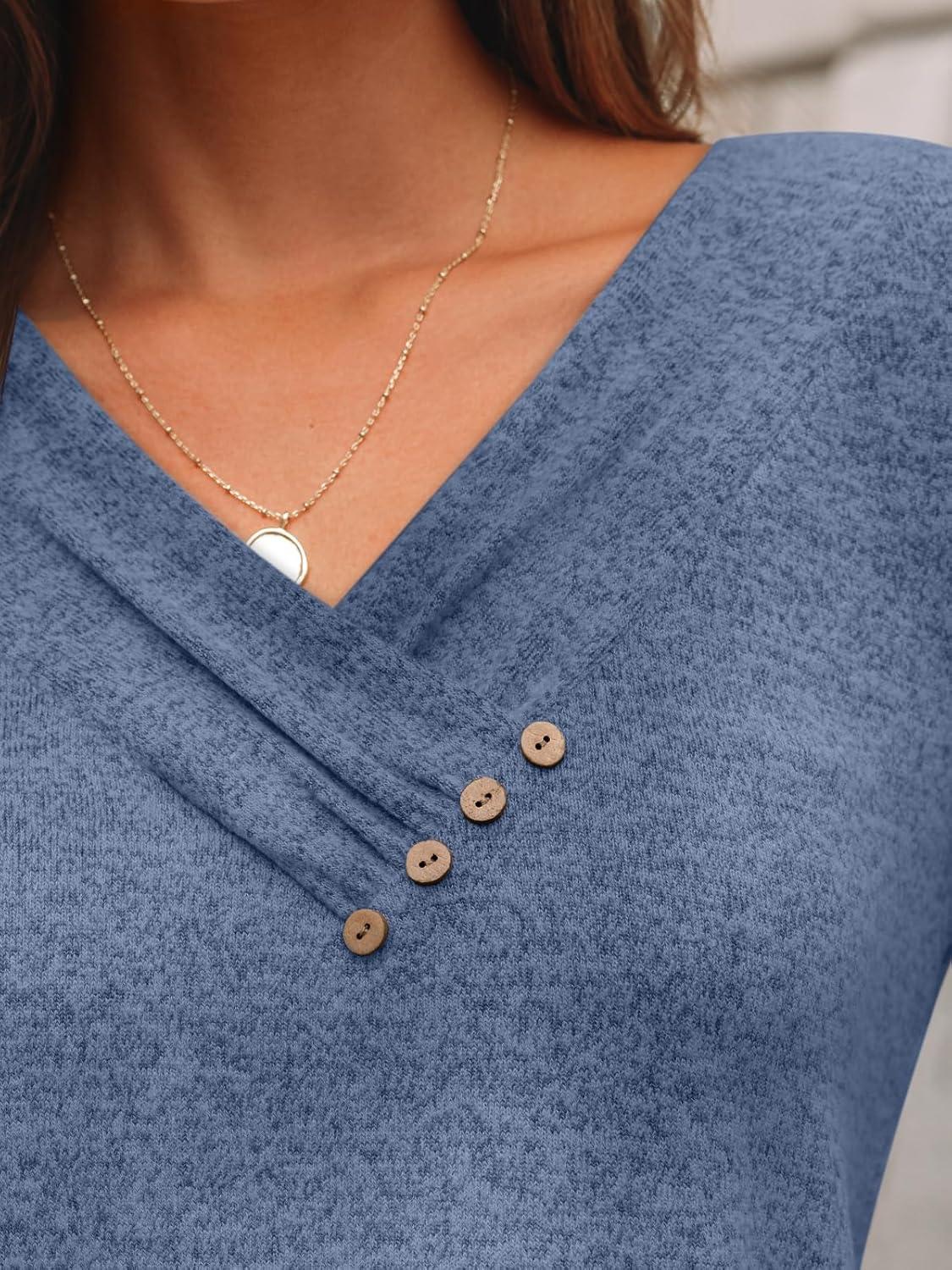 imageAUTOMET Womens Long Sleeve Tunic Top V Neck Button Shirts 2025 Dressy Casual Business BlousesBlue