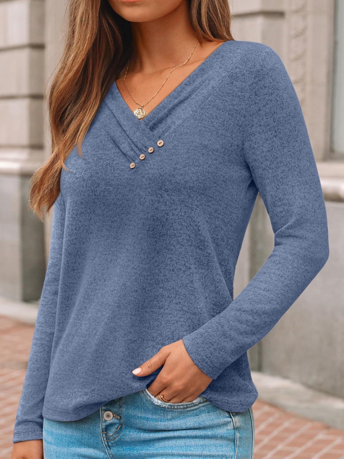 imageAUTOMET Womens Long Sleeve Tunic Top V Neck Button Shirts 2025 Dressy Casual Business BlousesBlue