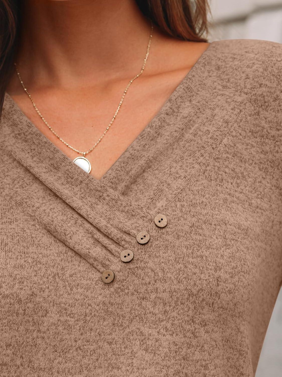 imageAUTOMET Womens Long Sleeve Tunic Top V Neck Button Shirts 2025 Dressy Casual Business BlousesBrown