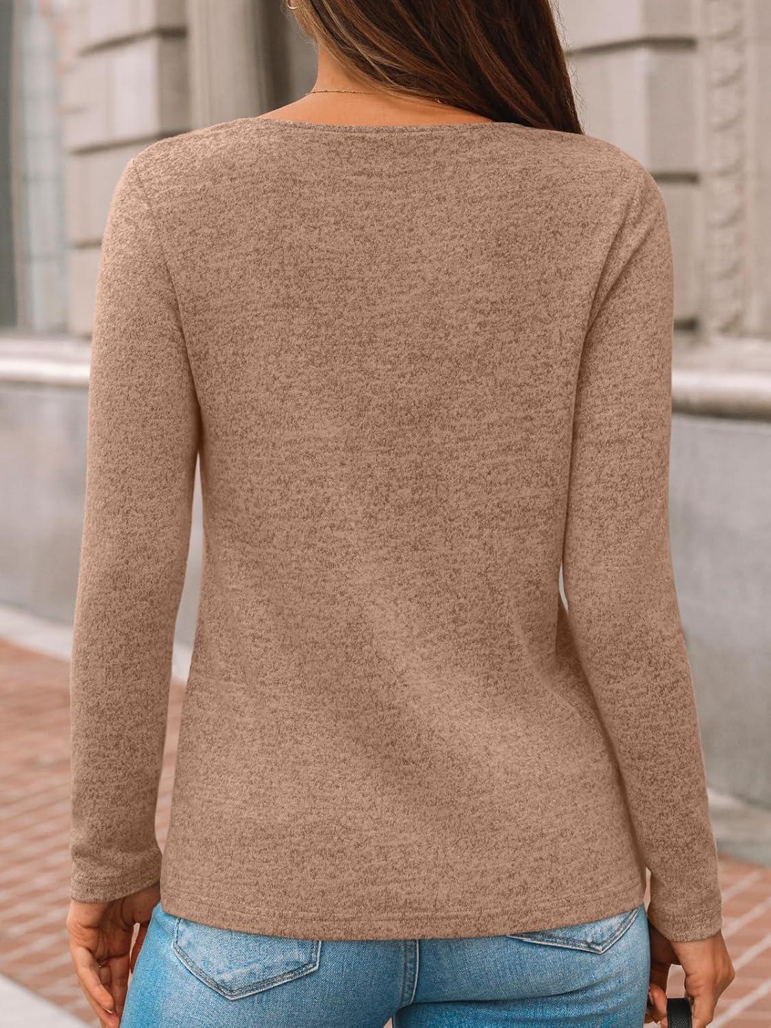 imageAUTOMET Womens Long Sleeve Tunic Top V Neck Button Shirts 2025 Dressy Casual Business BlousesBrown