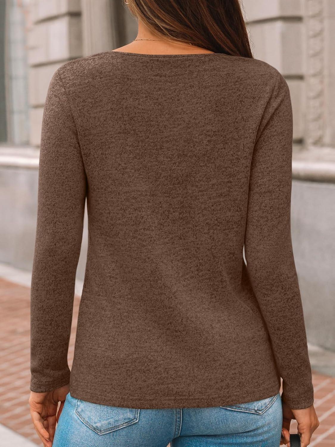 imageAUTOMET Womens Long Sleeve Tunic Top V Neck Button Shirts 2025 Dressy Casual Business BlousesChocolate