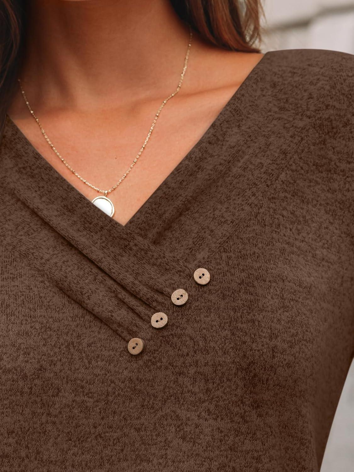 imageAUTOMET Womens Long Sleeve Tunic Top V Neck Button Shirts 2025 Dressy Casual Business BlousesChocolate