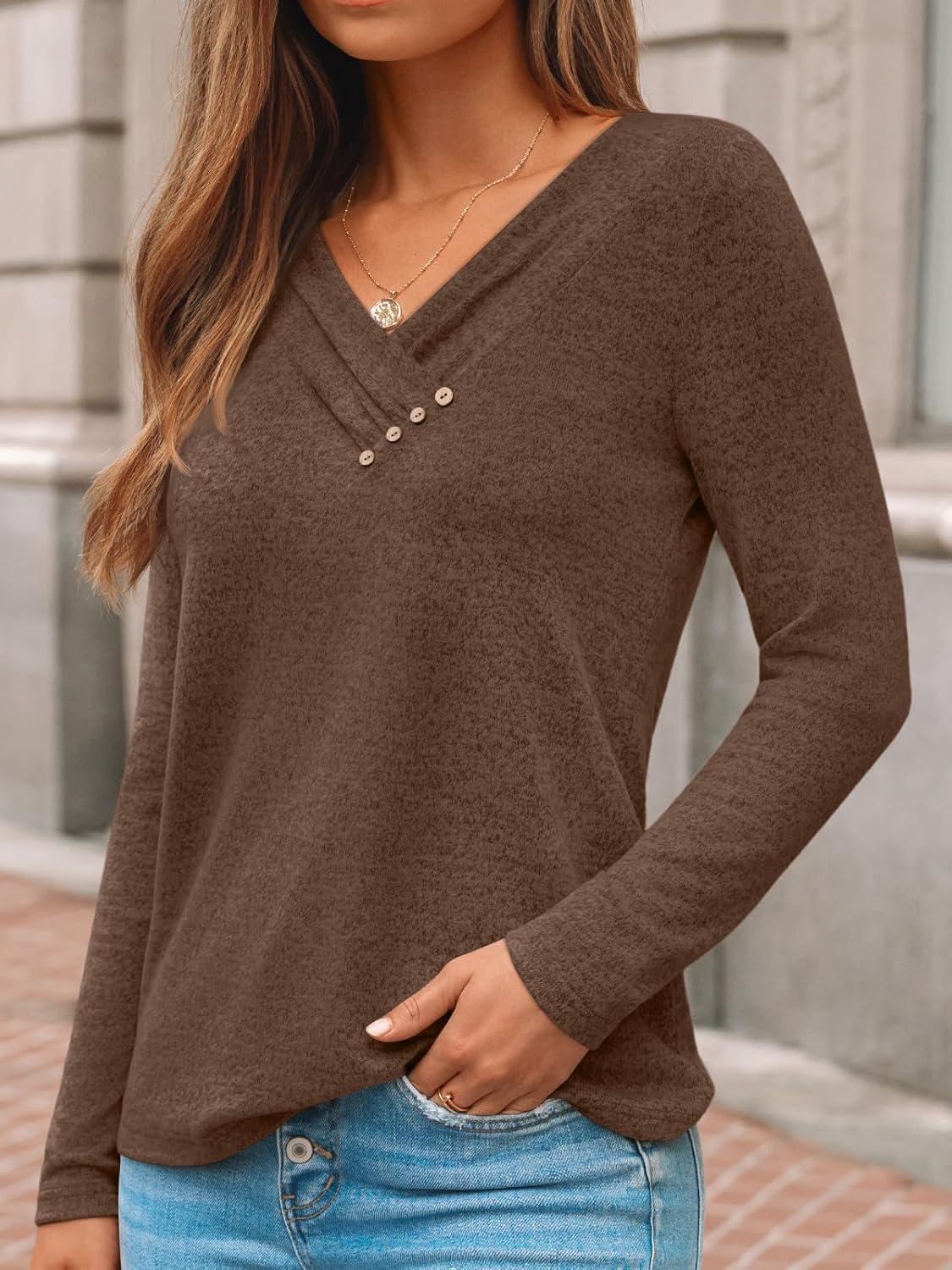 imageAUTOMET Womens Long Sleeve Tunic Top V Neck Button Shirts 2025 Dressy Casual Business BlousesChocolate