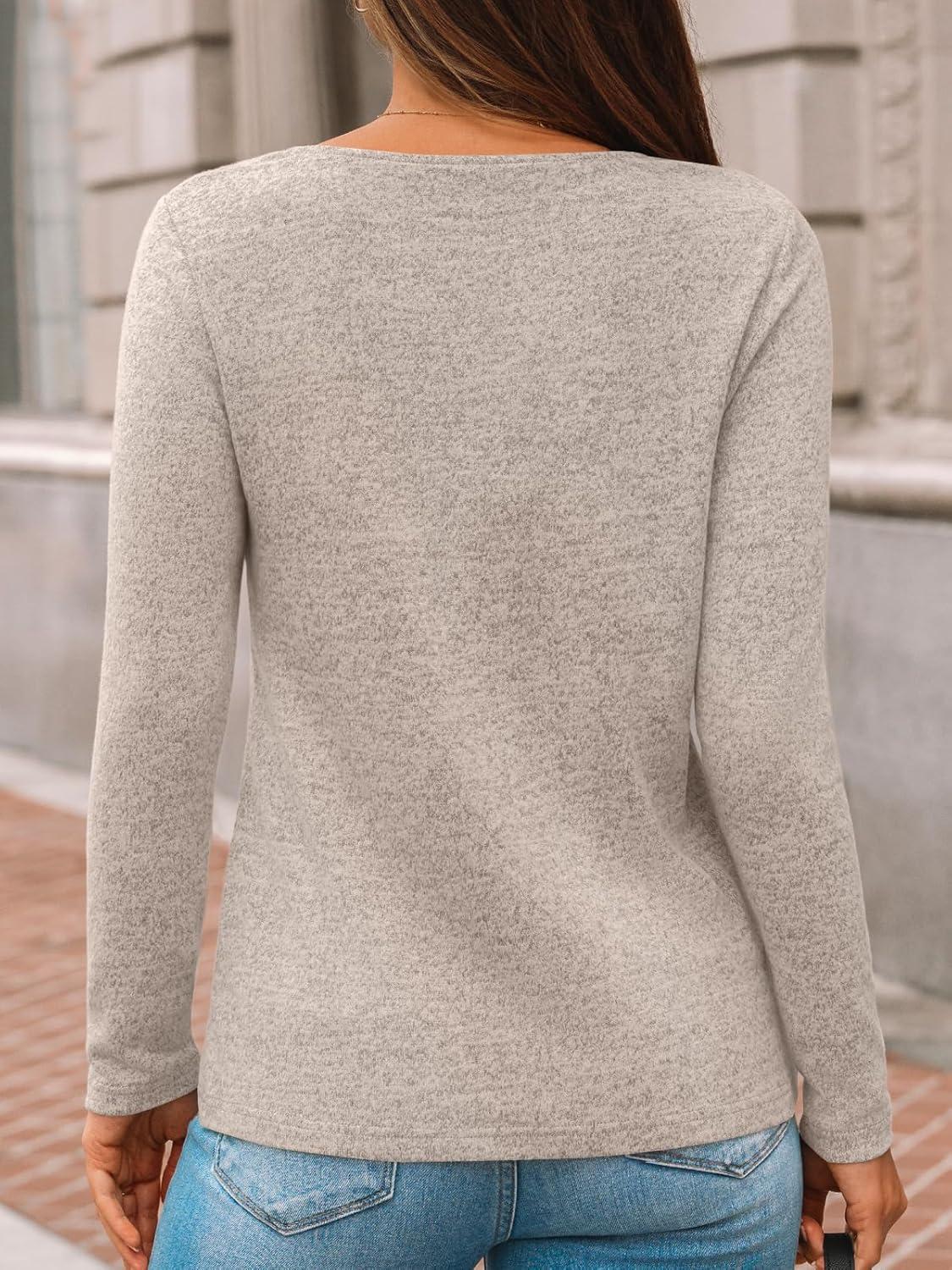 imageAUTOMET Womens Long Sleeve Tunic Top V Neck Button Shirts 2025 Dressy Casual Business BlousesCoffeegrey