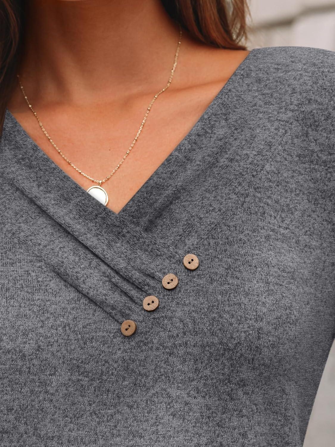 imageAUTOMET Womens Long Sleeve Tunic Top V Neck Button Shirts 2025 Dressy Casual Business BlousesDarkgrey