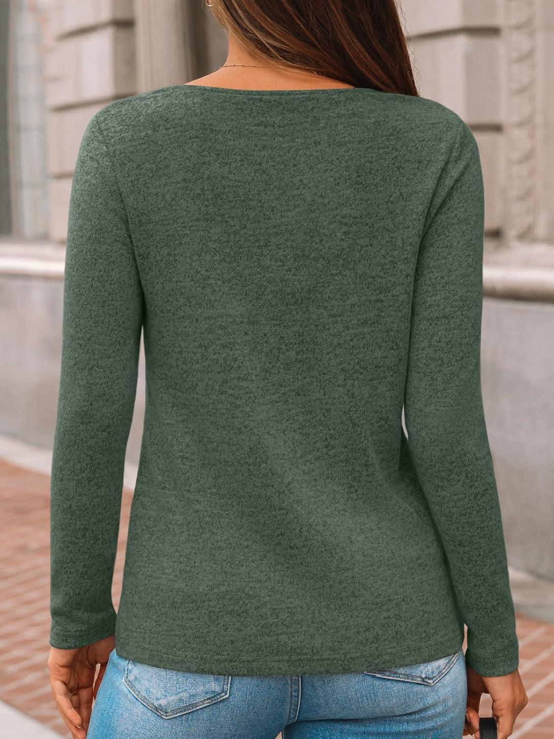 imageAUTOMET Womens Long Sleeve Tunic Top V Neck Button Shirts 2025 Dressy Casual Business BlousesGreen