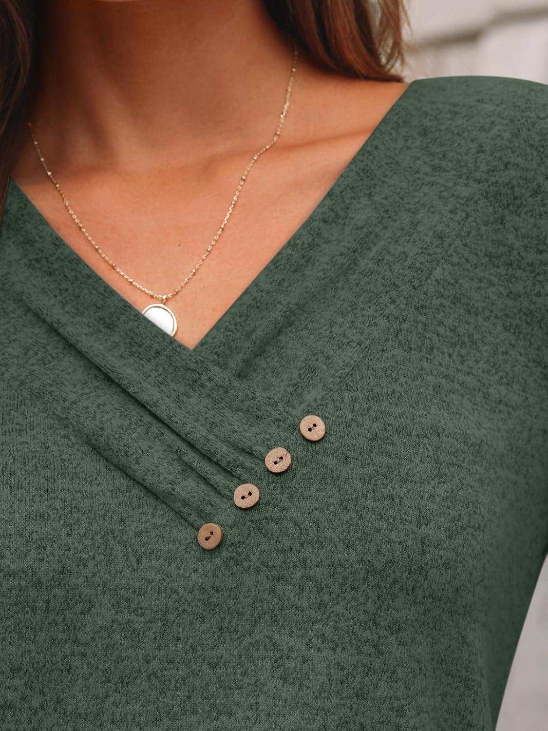 imageAUTOMET Womens Long Sleeve Tunic Top V Neck Button Shirts 2025 Dressy Casual Business BlousesGreen