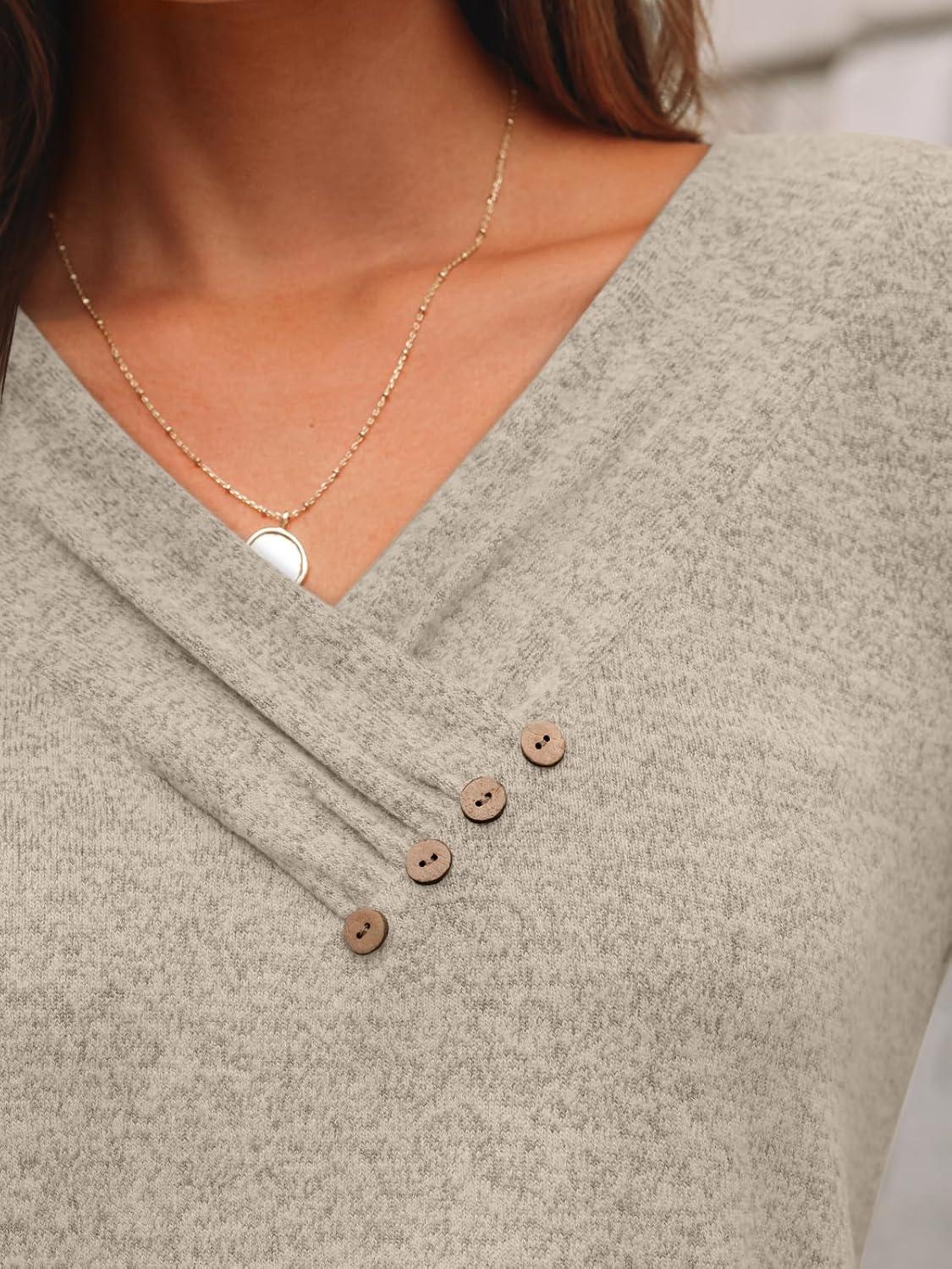 imageAUTOMET Womens Long Sleeve Tunic Top V Neck Button Shirts 2025 Dressy Casual Business BlousesKhaki