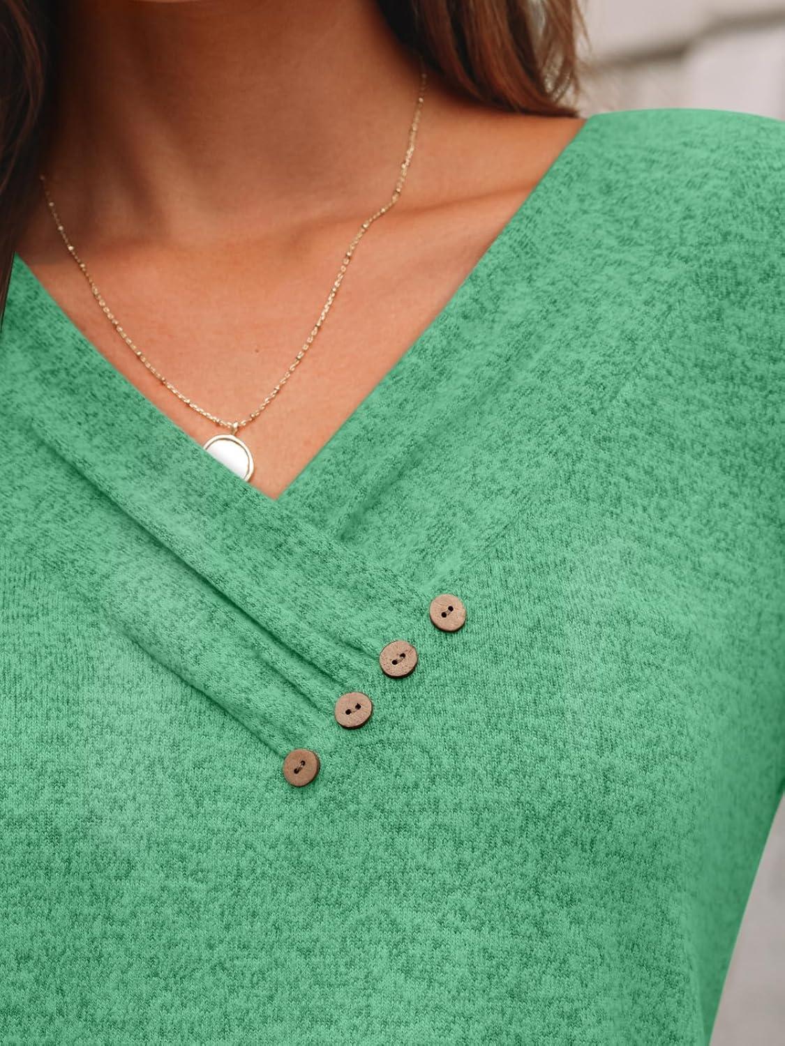 imageAUTOMET Womens Long Sleeve Tunic Top V Neck Button Shirts 2025 Dressy Casual Business BlousesLightgreen