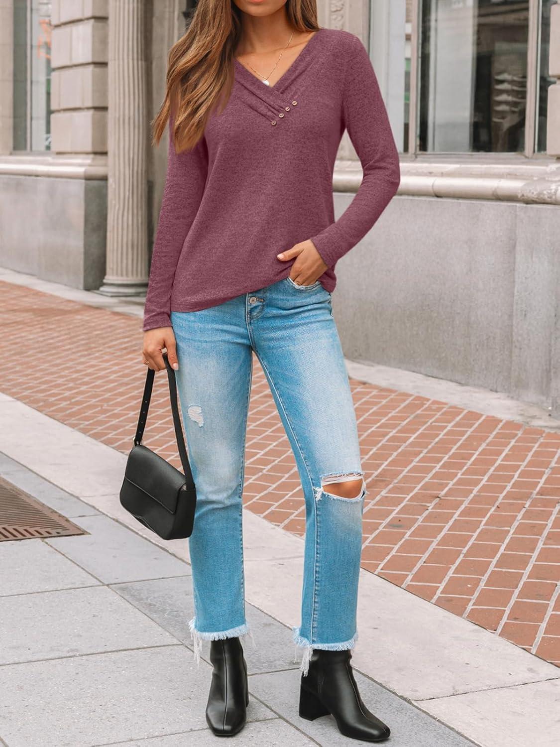 imageAUTOMET Womens Long Sleeve Tunic Top V Neck Button Shirts 2025 Dressy Casual Business BlousesPurplered