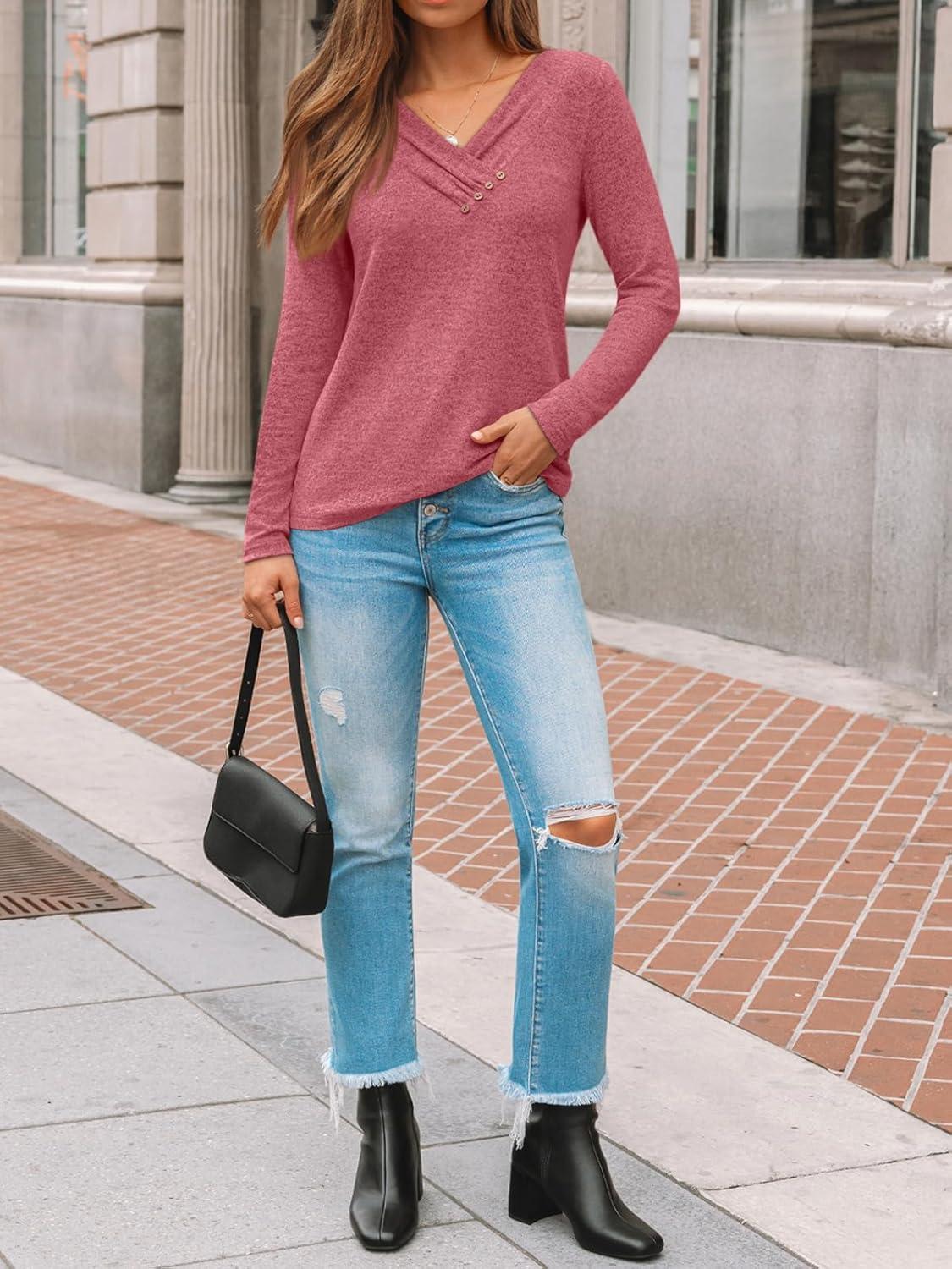 imageAUTOMET Womens Long Sleeve Tunic Top V Neck Button Shirts 2025 Dressy Casual Business BlousesRed