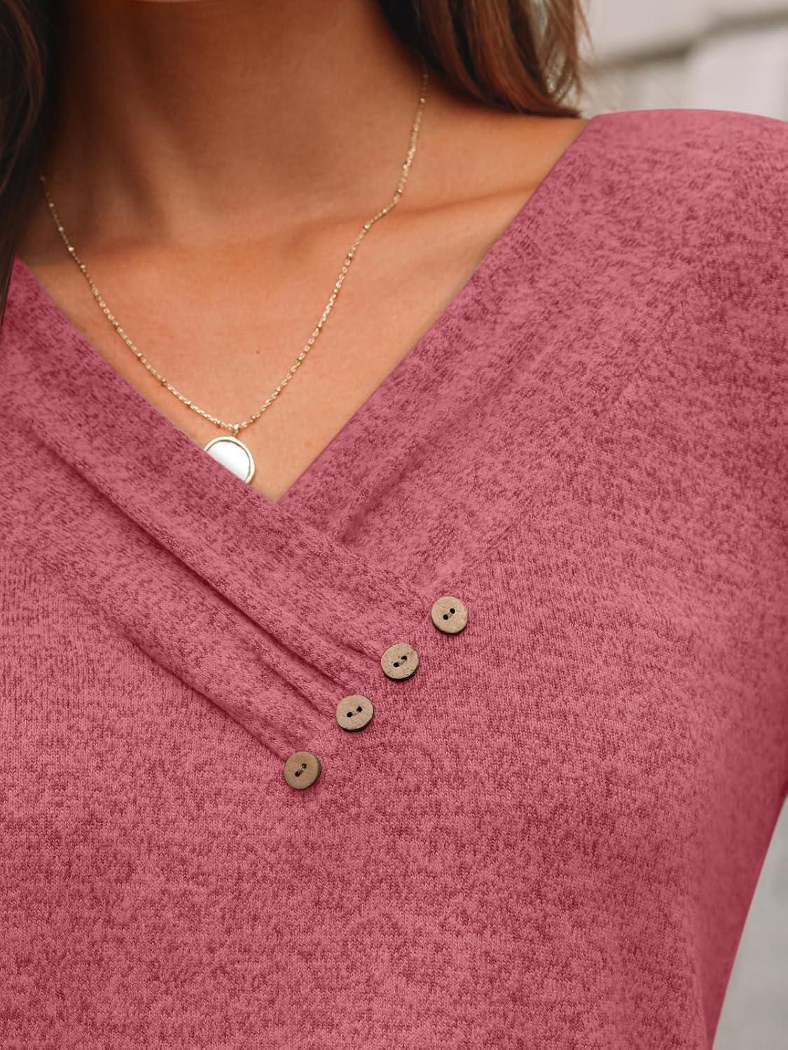 imageAUTOMET Womens Long Sleeve Tunic Top V Neck Button Shirts 2025 Dressy Casual Business BlousesRed