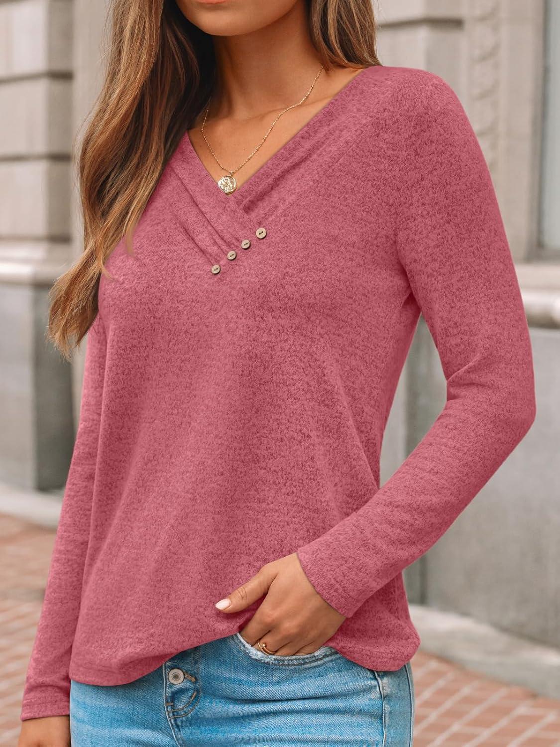 imageAUTOMET Womens Long Sleeve Tunic Top V Neck Button Shirts 2025 Dressy Casual Business BlousesRed