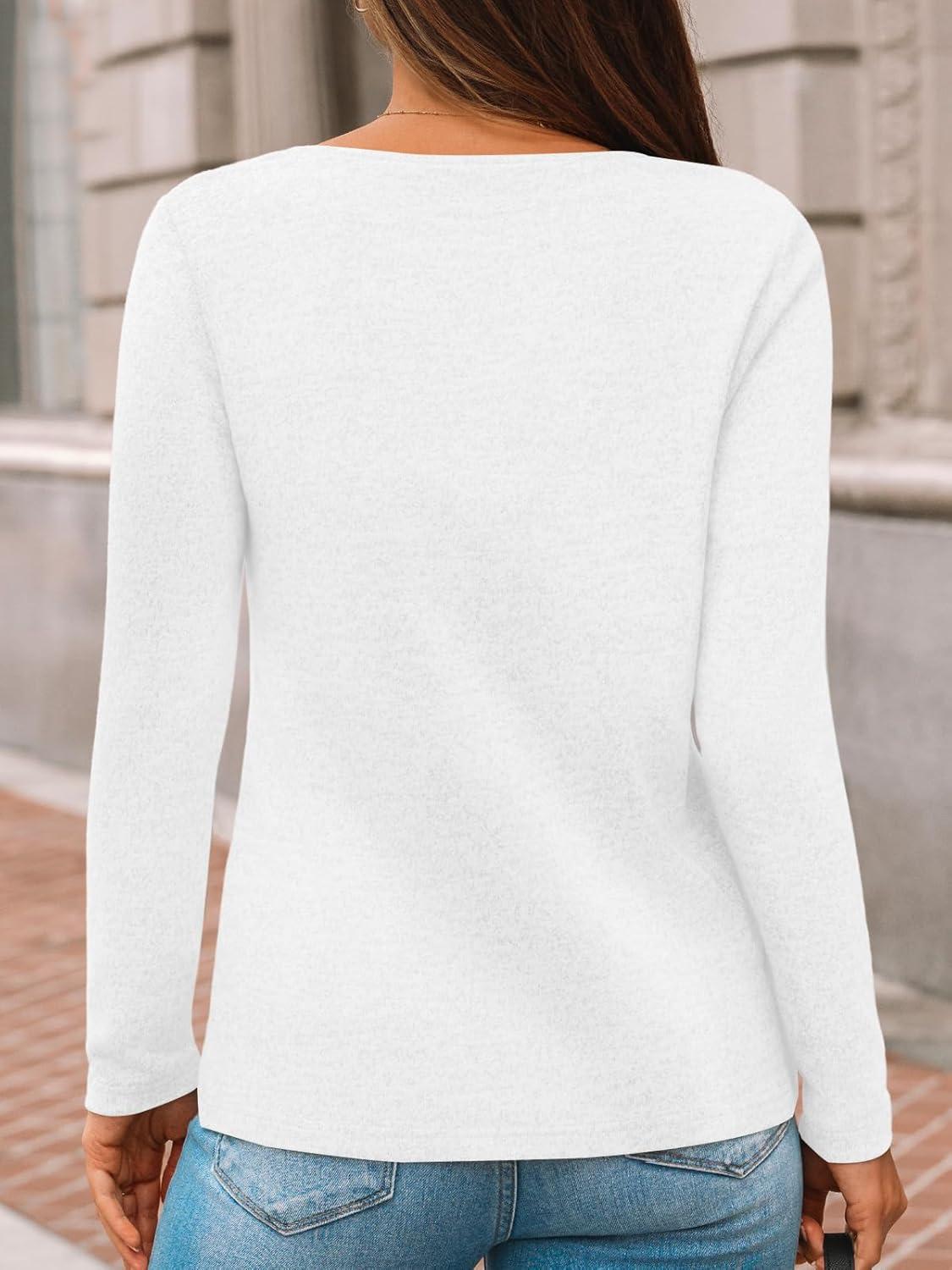 imageAUTOMET Womens Long Sleeve Tunic Top V Neck Button Shirts 2025 Dressy Casual Business BlousesWhite