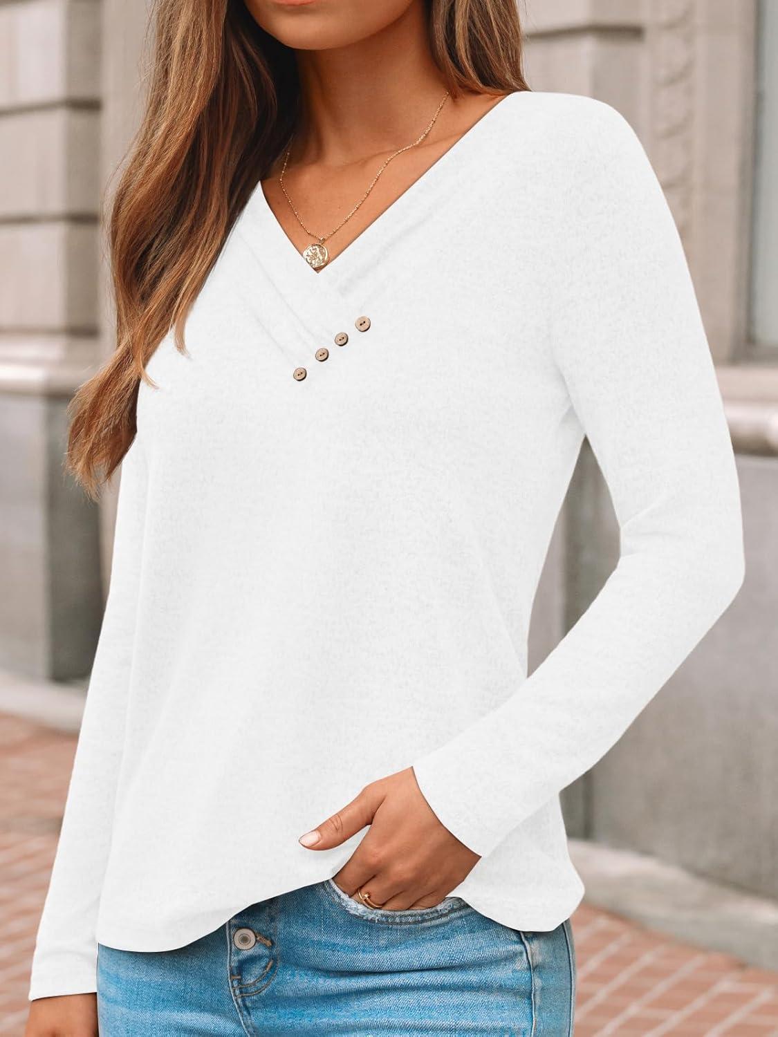 imageAUTOMET Womens Long Sleeve Tunic Top V Neck Button Shirts 2025 Dressy Casual Business BlousesWhite