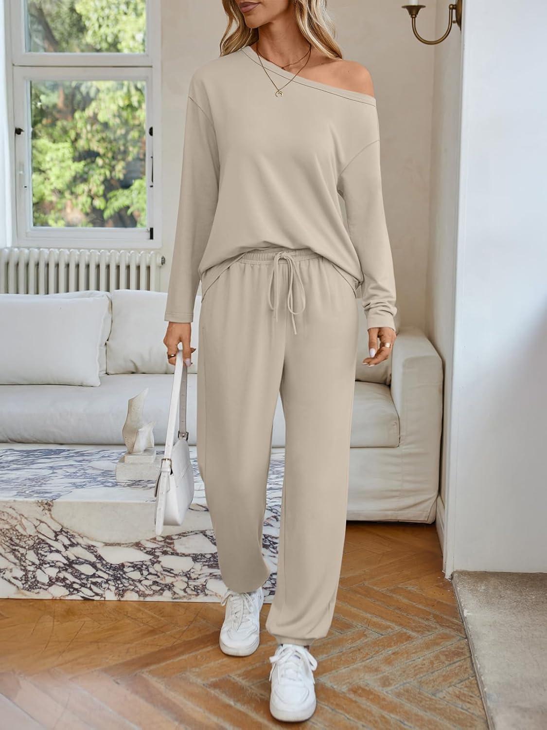 imageAUTOMET Womens Lounge Sets 2 Piece Matching Pajamas Travel Airport Fall Outfits Cute Pjs Off Shoulder Tops LoungewearBeige