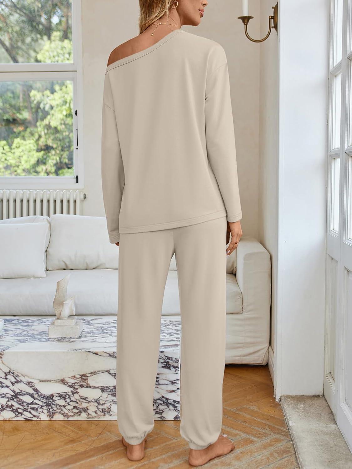 imageAUTOMET Womens Lounge Sets 2 Piece Matching Pajamas Travel Airport Fall Outfits Cute Pjs Off Shoulder Tops LoungewearBeige