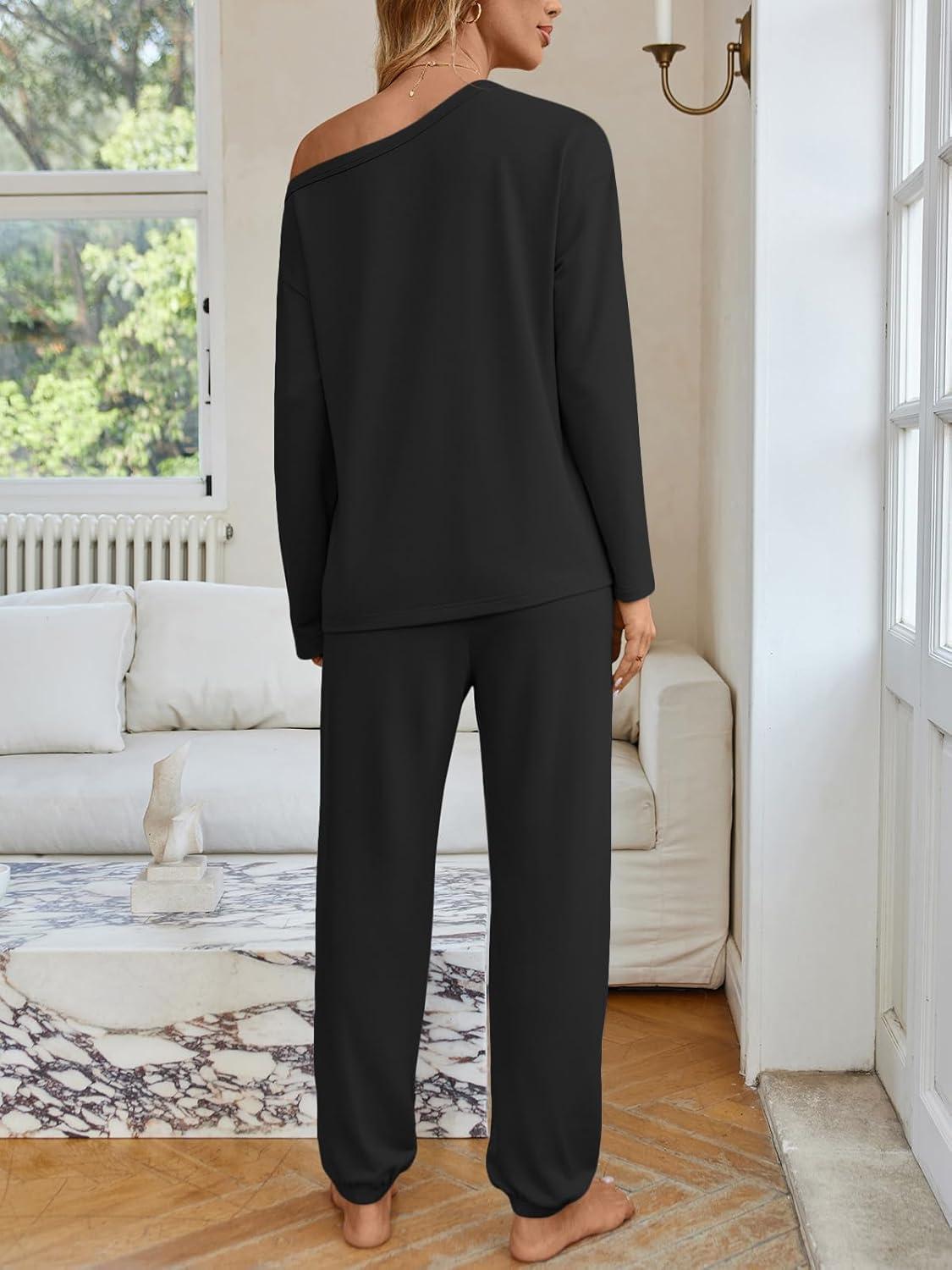 imageAUTOMET Womens Lounge Sets 2 Piece Matching Pajamas Travel Airport Fall Outfits Cute Pjs Off Shoulder Tops LoungewearBlack