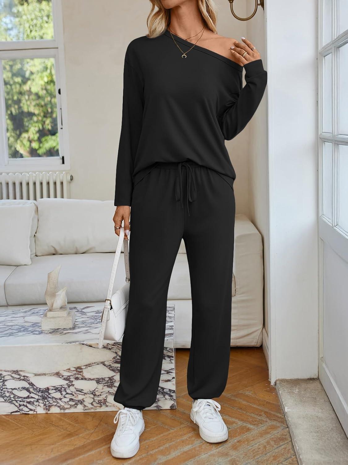 imageAUTOMET Womens Lounge Sets 2 Piece Matching Pajamas Travel Airport Fall Outfits Cute Pjs Off Shoulder Tops LoungewearBlack