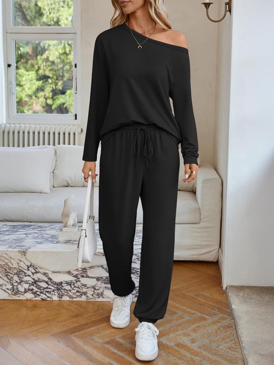 imageAUTOMET Womens Lounge Sets 2 Piece Matching Pajamas Travel Airport Fall Outfits Cute Pjs Off Shoulder Tops LoungewearBlack