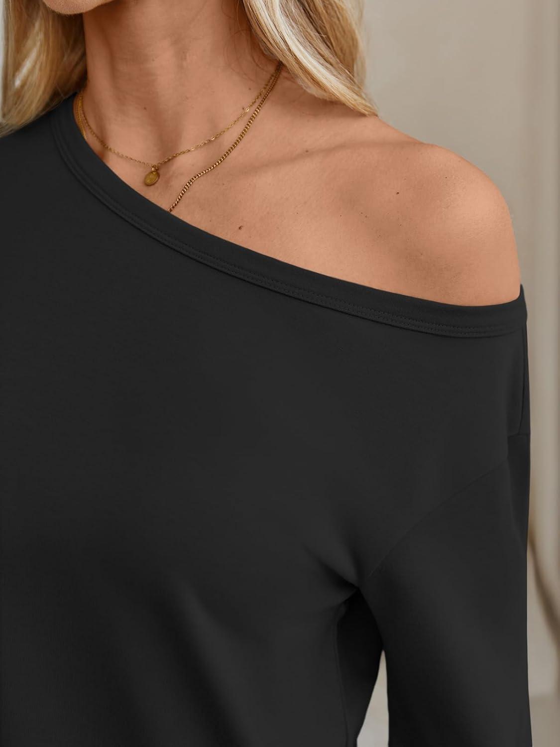 imageAUTOMET Womens Lounge Sets 2 Piece Matching Pajamas Travel Airport Fall Outfits Cute Pjs Off Shoulder Tops LoungewearBlack