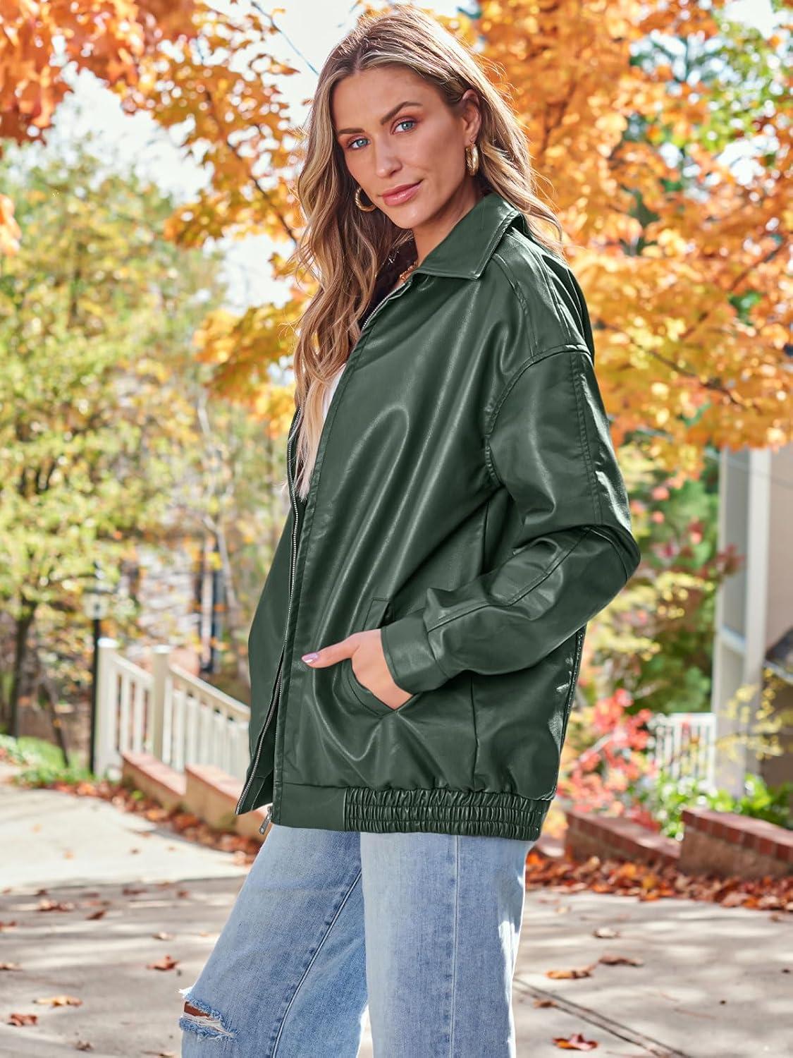 imageAUTOMET Womens Oversized Leather Jackets Faux Suede Fall Fashion Motorcycle Coats Winter Outfits Clothes Y2k TopsChristmasgreen