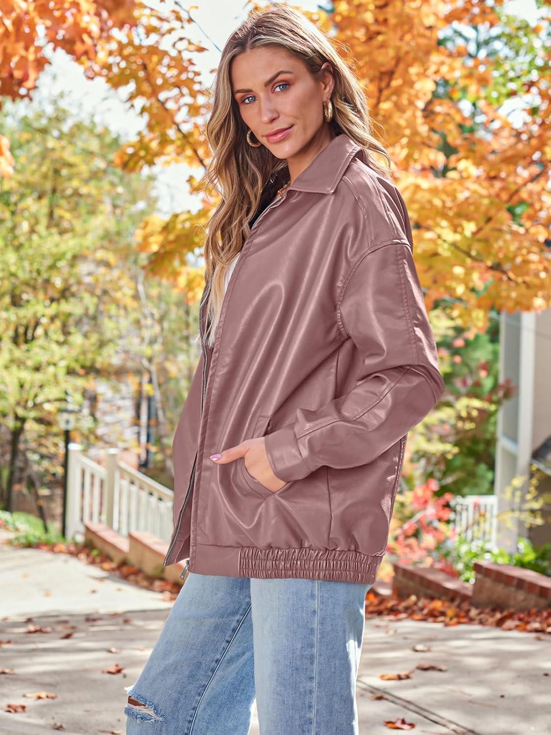 imageAUTOMET Womens Oversized Leather Jackets Faux Suede Fall Fashion Motorcycle Coats Winter Outfits Clothes Y2k TopsDarkpink