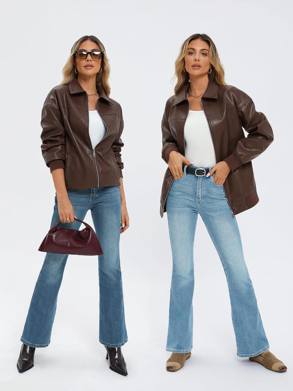 imageAUTOMET Womens Oversized Leather Jackets Zip Up Coats Faux Motorcycle Bomber Outfits Fall Trendy Fashion Winter Clothes 2025Brown