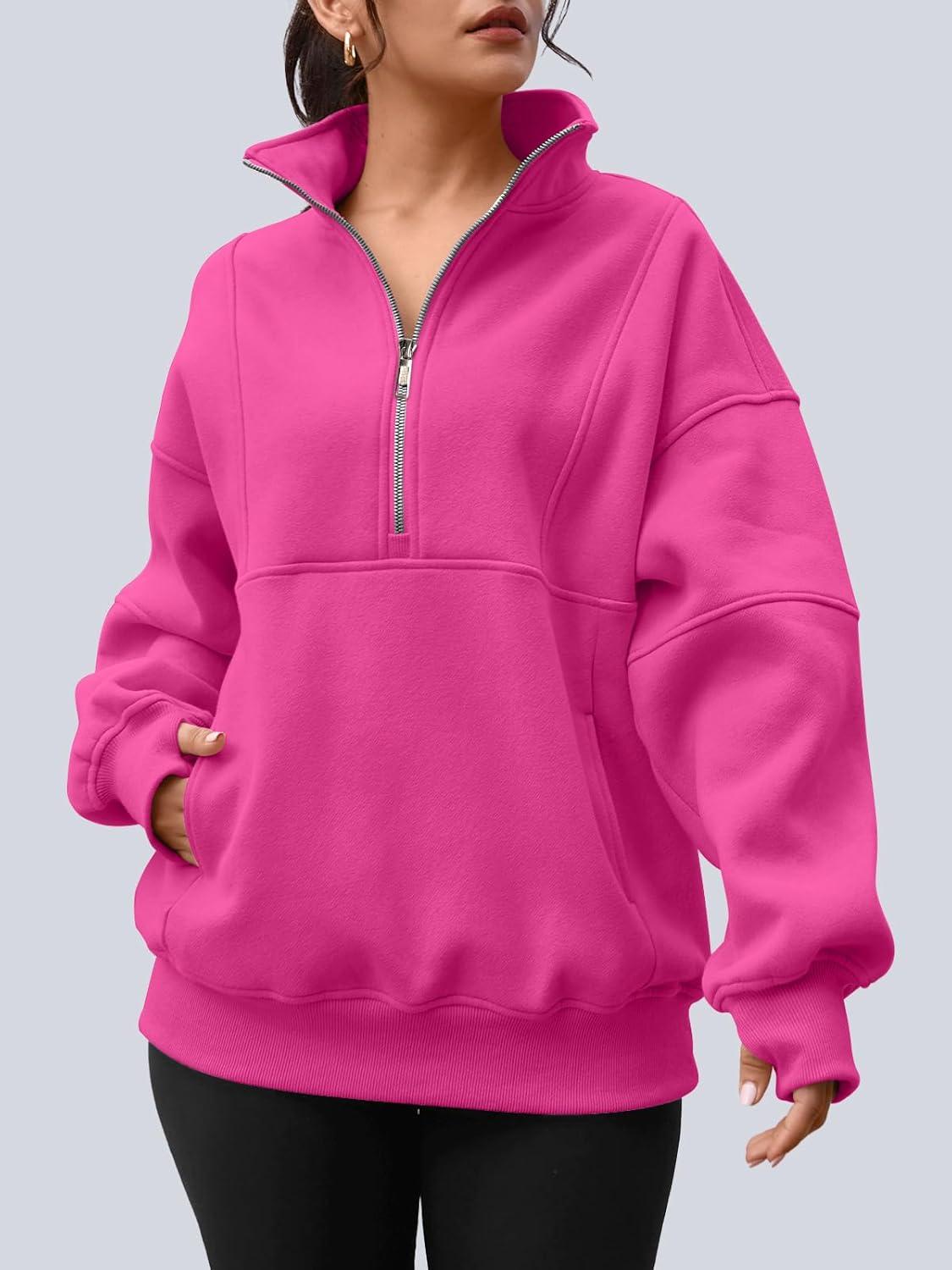 imageAUTOMET Womens Quarter Zip Oversized Sweatshirts Teen Fleece Pullover Hoodies 2025 Mock Neck Sweater Fall Workout JacketHotpink