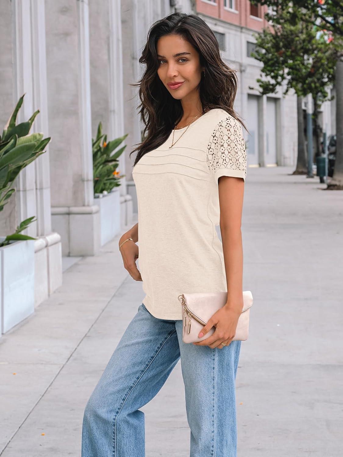 imageAUTOMET Womens Short Sleeve Shirts Dressy Lace Summer Tops 2025 Spring Trendy Casual TShirts Cute Work Outfits BlousesApricot