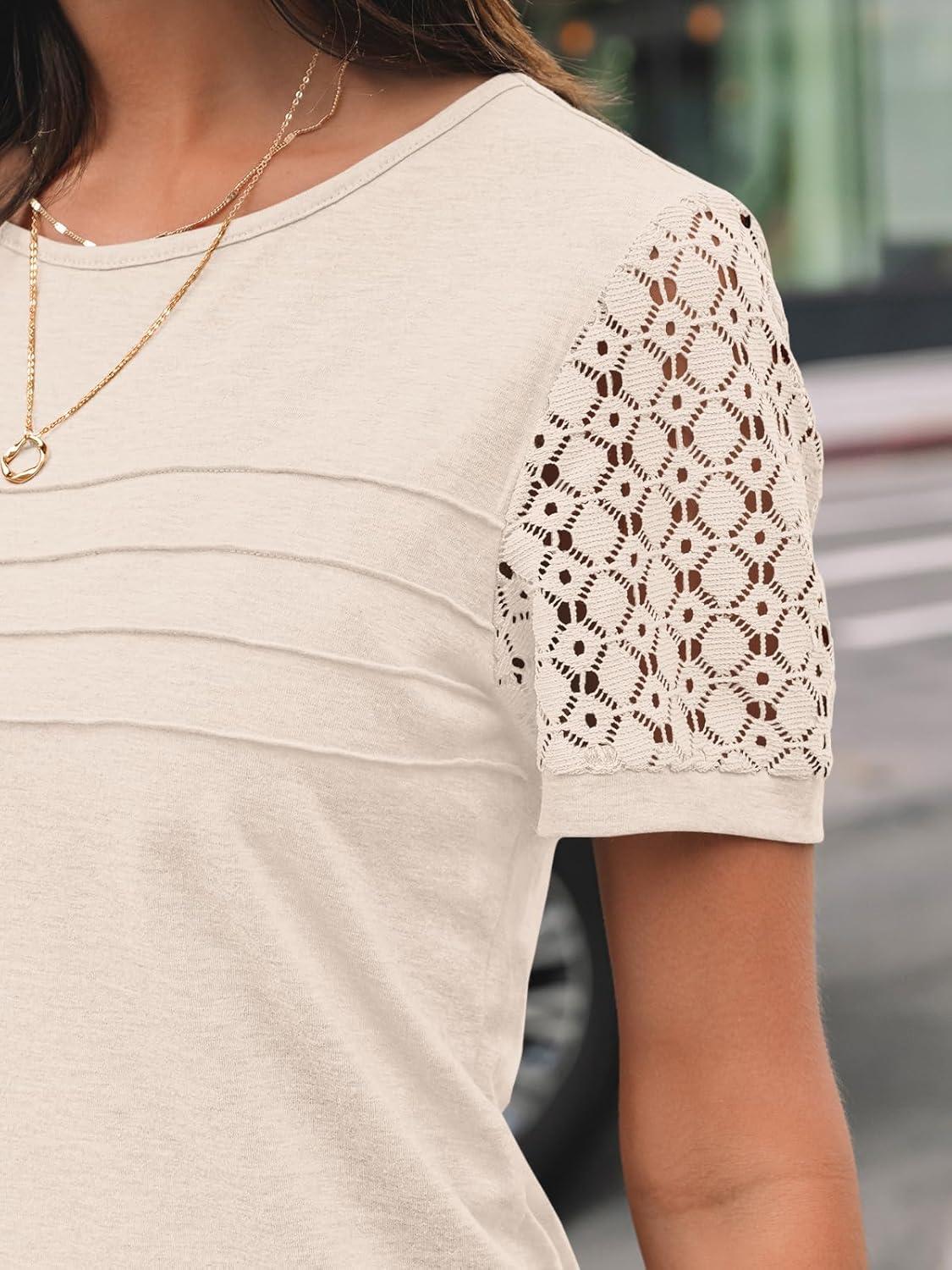 imageAUTOMET Womens Short Sleeve Shirts Dressy Lace Summer Tops 2025 Spring Trendy Casual TShirts Cute Work Outfits BlousesApricot