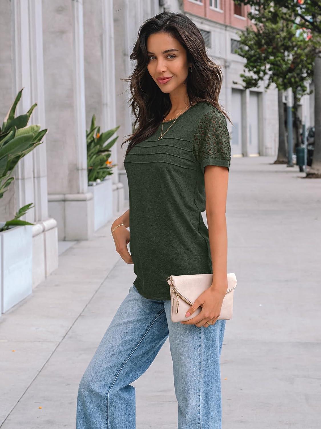 imageAUTOMET Womens Short Sleeve Shirts Dressy Lace Summer Tops 2025 Spring Trendy Casual TShirts Cute Work Outfits BlousesArmy Green