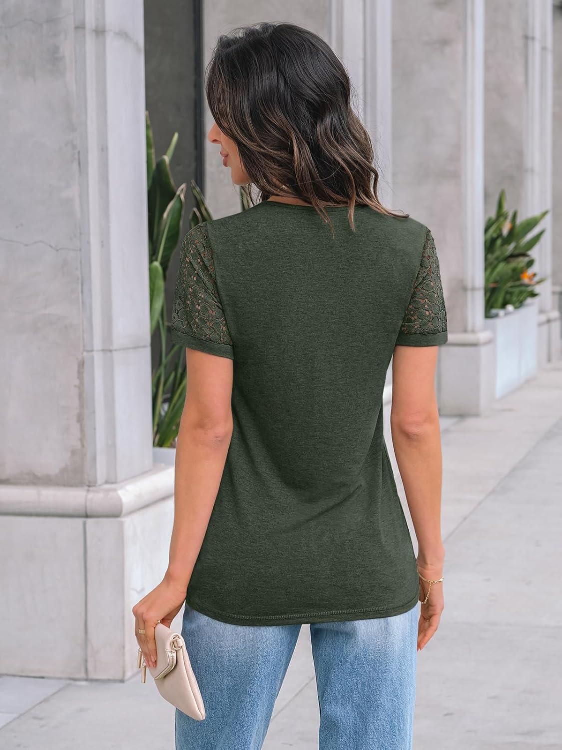 imageAUTOMET Womens Short Sleeve Shirts Dressy Lace Summer Tops 2025 Spring Trendy Casual TShirts Cute Work Outfits BlousesArmy Green