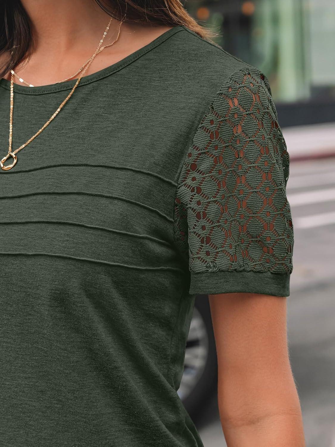 imageAUTOMET Womens Short Sleeve Shirts Dressy Lace Summer Tops 2025 Spring Trendy Casual TShirts Cute Work Outfits BlousesArmy Green