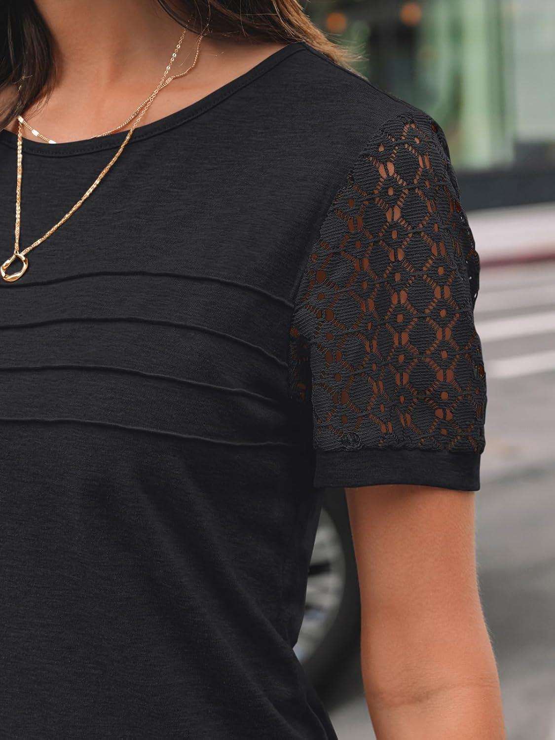 imageAUTOMET Womens Short Sleeve Shirts Dressy Lace Summer Tops 2025 Spring Trendy Casual TShirts Cute Work Outfits BlousesBlack