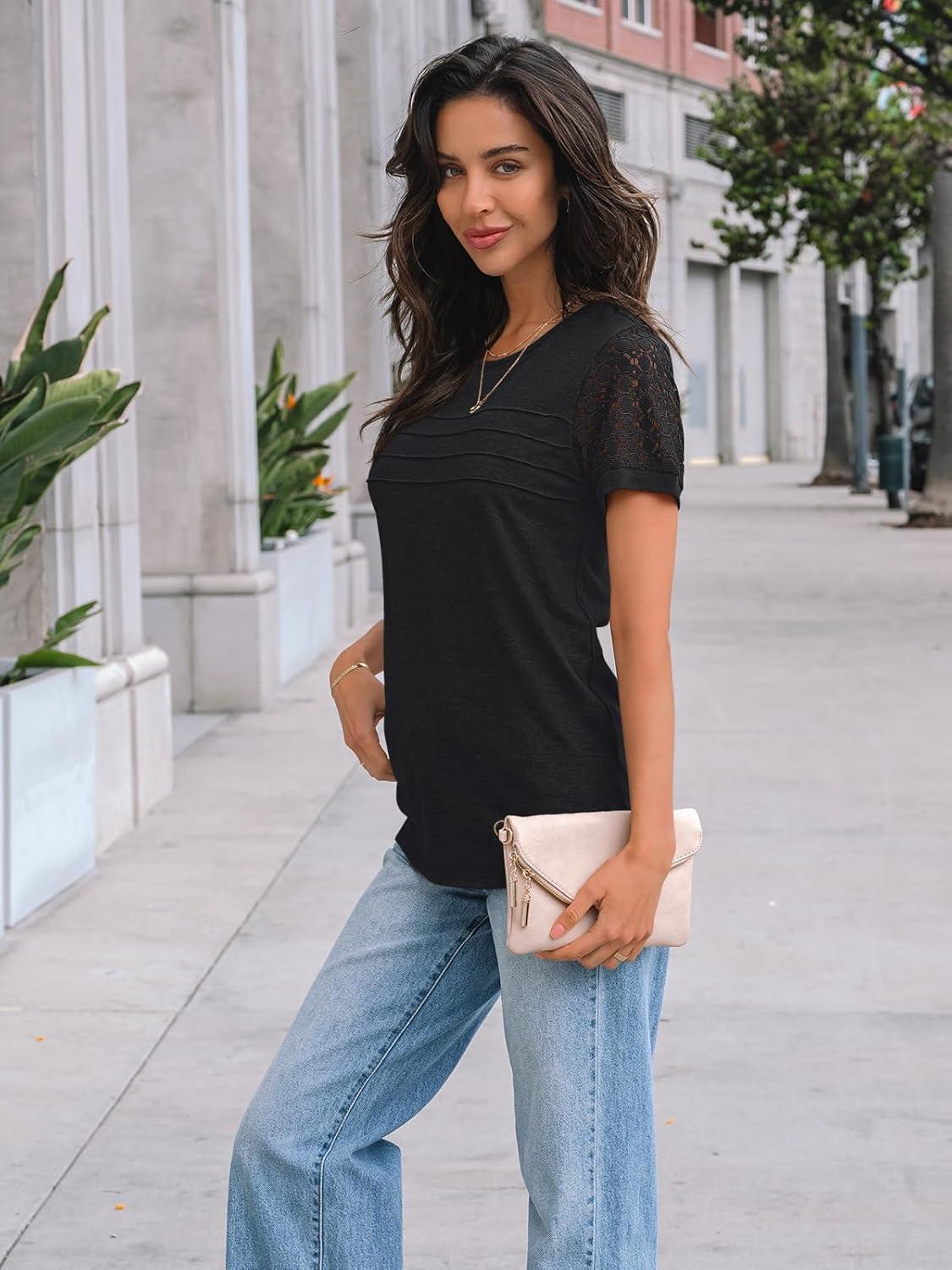 imageAUTOMET Womens Short Sleeve Shirts Dressy Lace Summer Tops 2025 Spring Trendy Casual TShirts Cute Work Outfits BlousesBlack