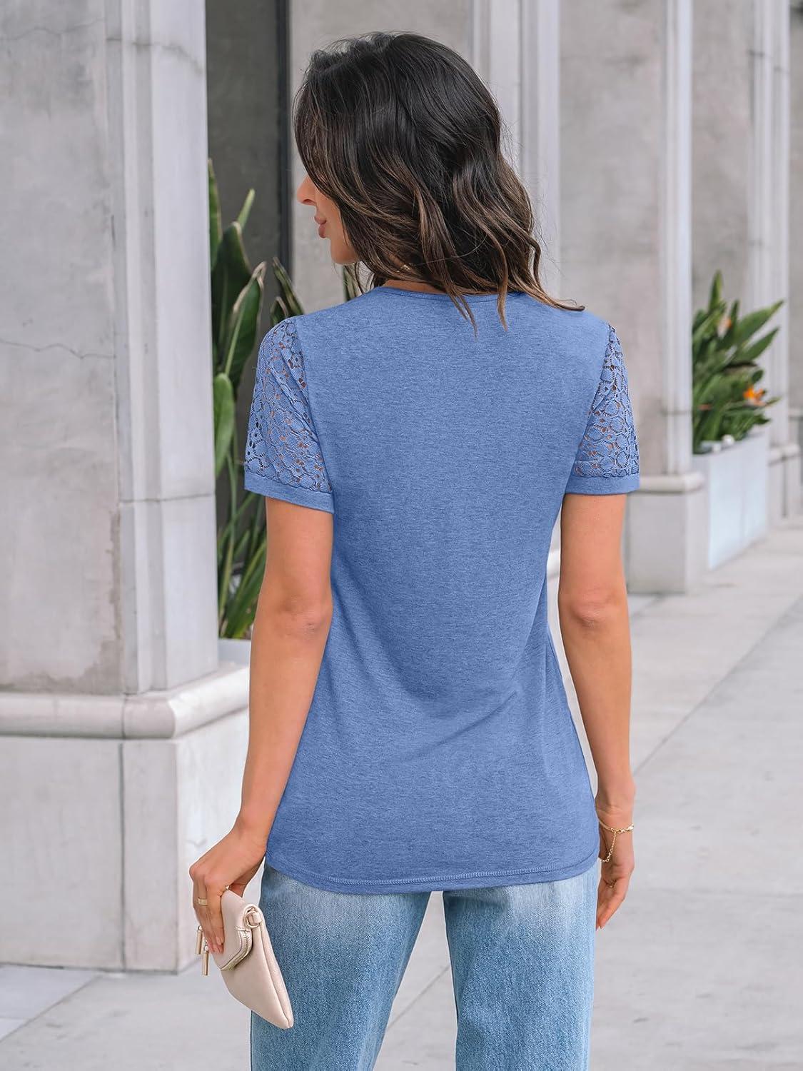 imageAUTOMET Womens Short Sleeve Shirts Dressy Lace Summer Tops 2025 Spring Trendy Casual TShirts Cute Work Outfits BlousesBlue