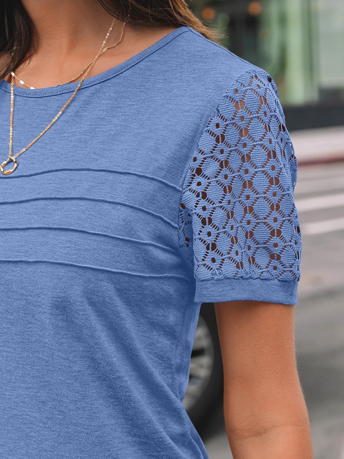 imageAUTOMET Womens Short Sleeve Shirts Dressy Lace Summer Tops 2025 Spring Trendy Casual TShirts Cute Work Outfits BlousesBlue