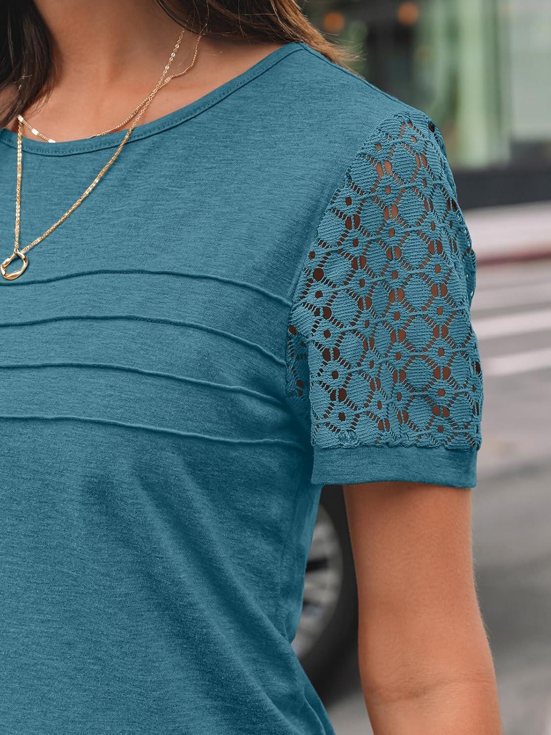 imageAUTOMET Womens Short Sleeve Shirts Dressy Lace Summer Tops 2025 Spring Trendy Casual TShirts Cute Work Outfits BlousesBlue Green