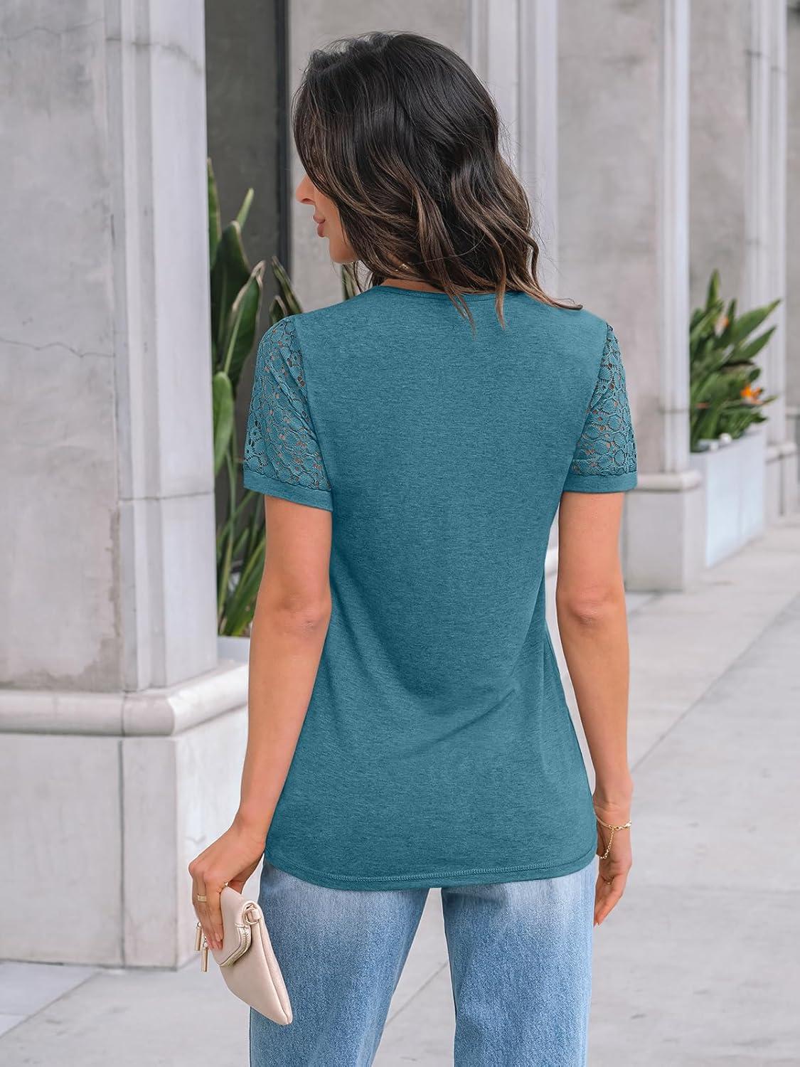 imageAUTOMET Womens Short Sleeve Shirts Dressy Lace Summer Tops 2025 Spring Trendy Casual TShirts Cute Work Outfits BlousesBlue Green