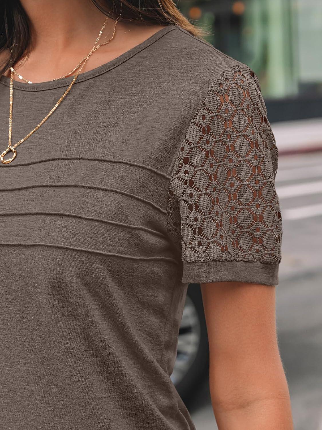 imageAUTOMET Womens Short Sleeve Shirts Dressy Lace Summer Tops 2025 Spring Trendy Casual TShirts Cute Work Outfits BlousesCoffee Grey